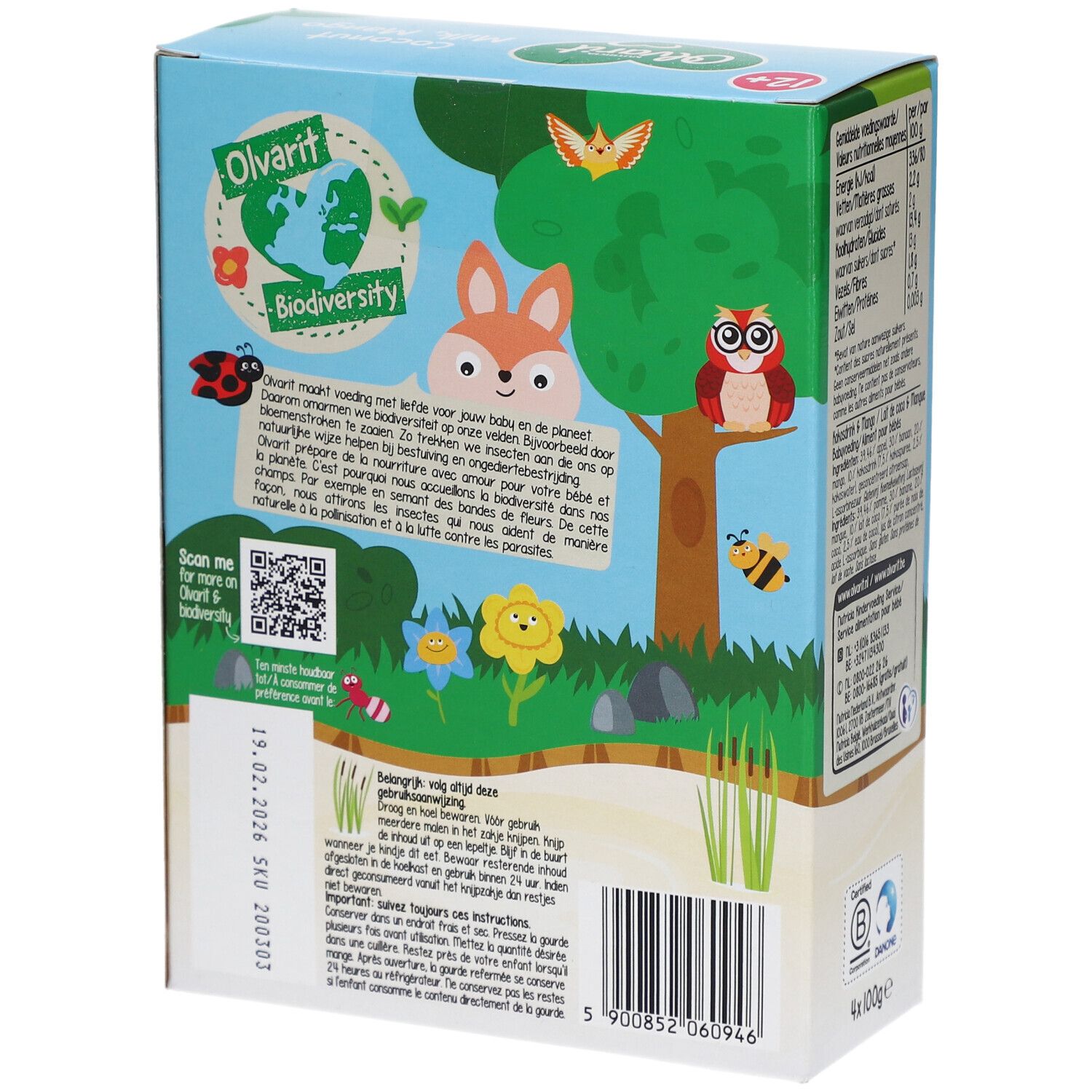 Rückseite der Olvarit-Verpackung. Olvarit-Logo. Biodiversität. QR-Code. Illustrationen.