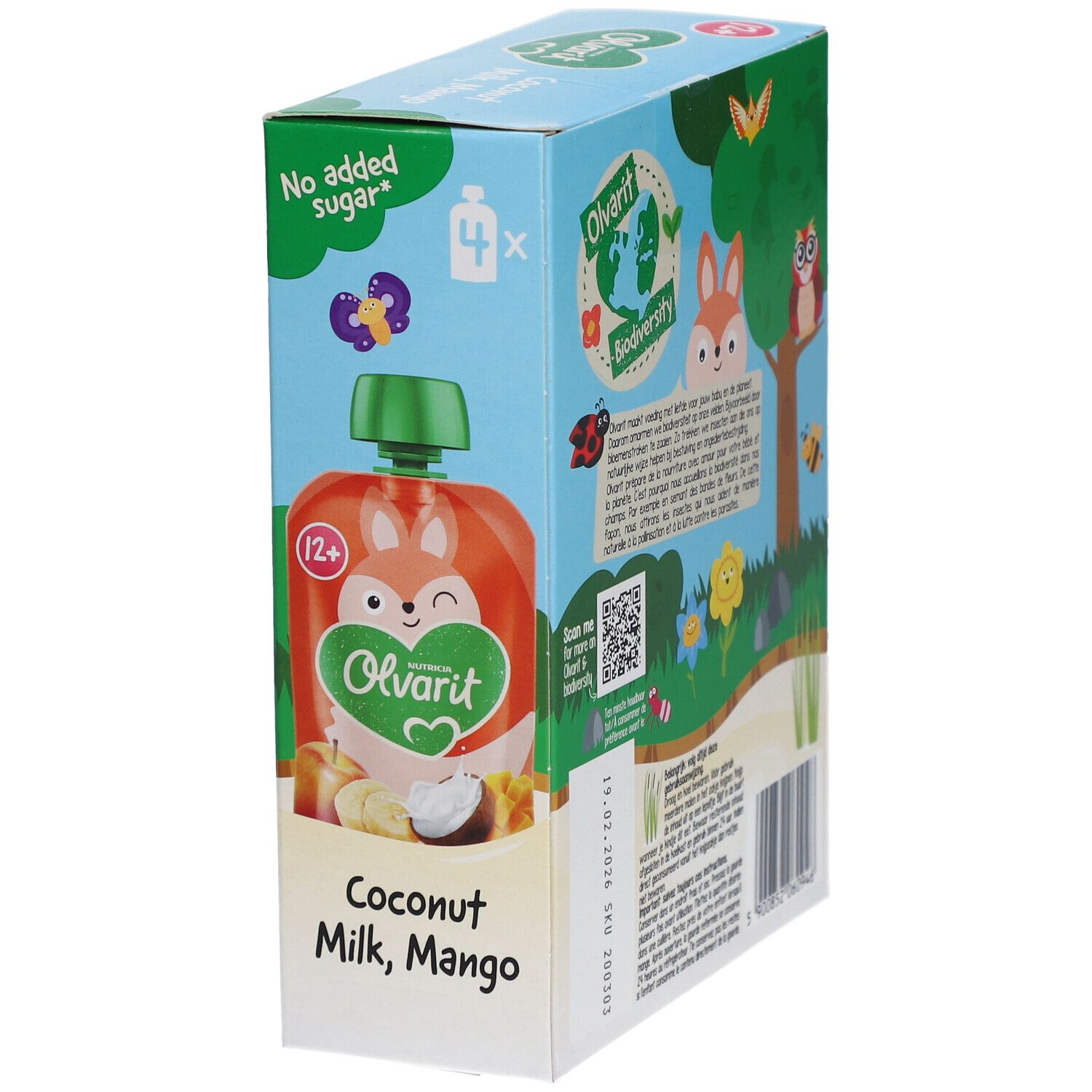 Olvarit-Verpackung. Mango-Kokos-Smoothie. 4 Beutel. 12+ Monate. Keine Zuckerzusätze.
