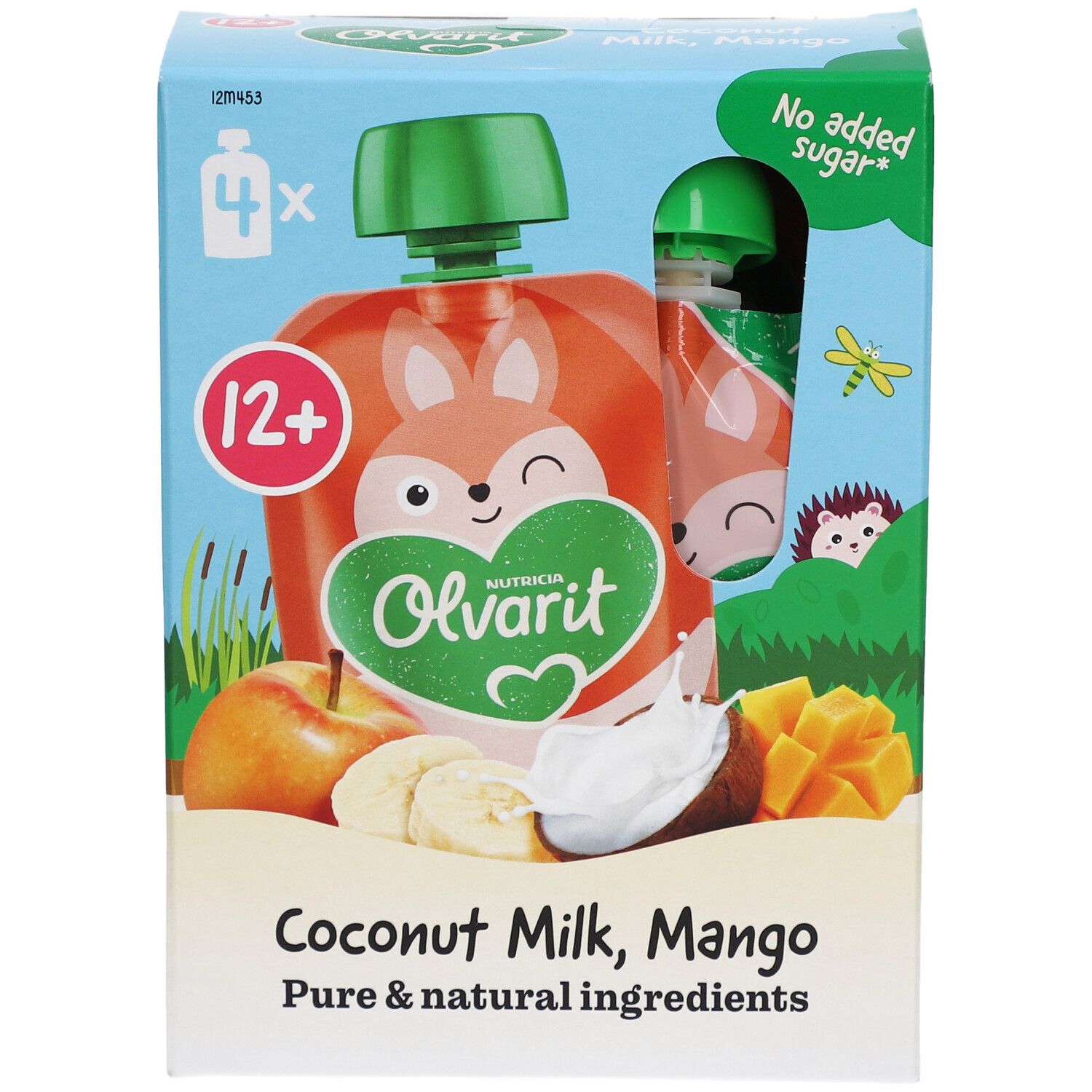 Verpackung mit Olvarit-Quetschbeuteln. Mango-Kokos-Smoothie. 4 Beutel. 12+ Monate. Keine Zuckerzusätze.