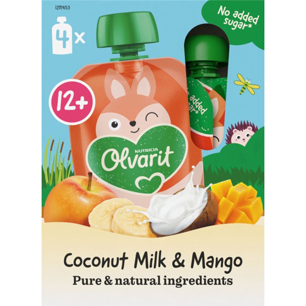 Gourde Olvarit. Smoothie mangue-coco. 4 gourdes. 12+ mois. Sans sucres ajoutés.