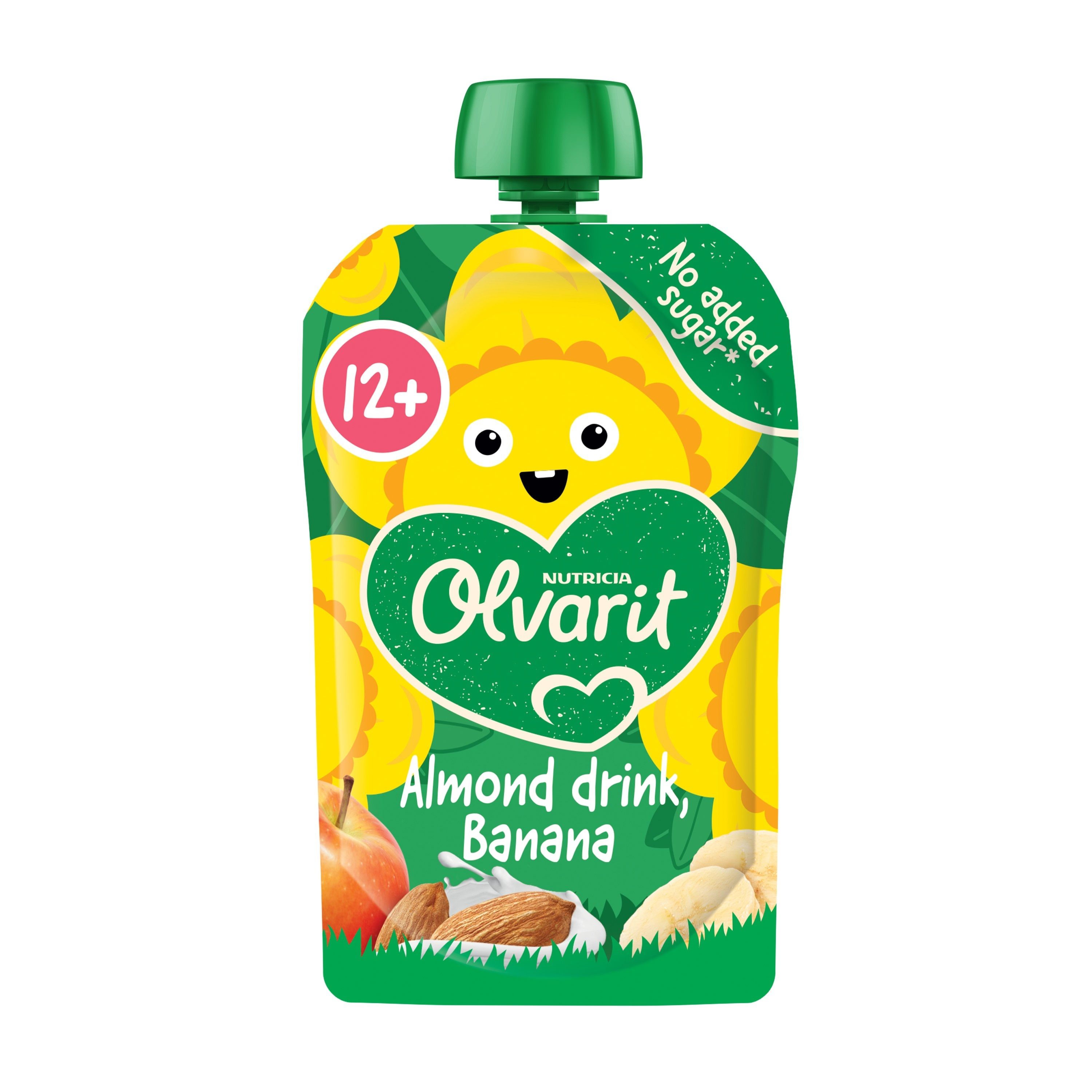 Knijpfruit met amandeldrank, banaan. Groen-geel design met Olvarit-logo en 12+ aanduiding.