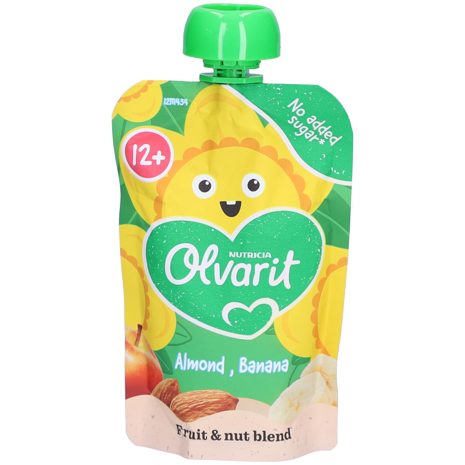 Quetschbeutel mit Mandel-Bananen-Smoothie. Grün-gelbes Design mit Olvarit-Logo und 12+ Kennzeichnung.