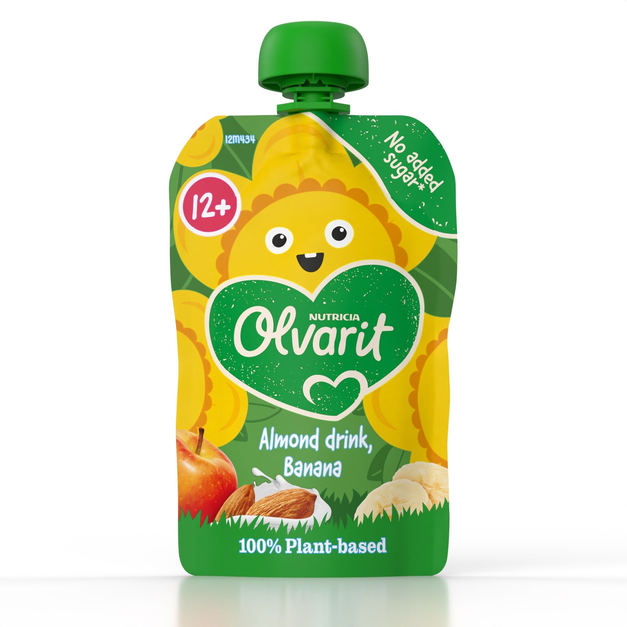 Knijpfruit met amandeldrank, banaan. Groen-geel design met Olvarit-logo en 12+ aanduiding.