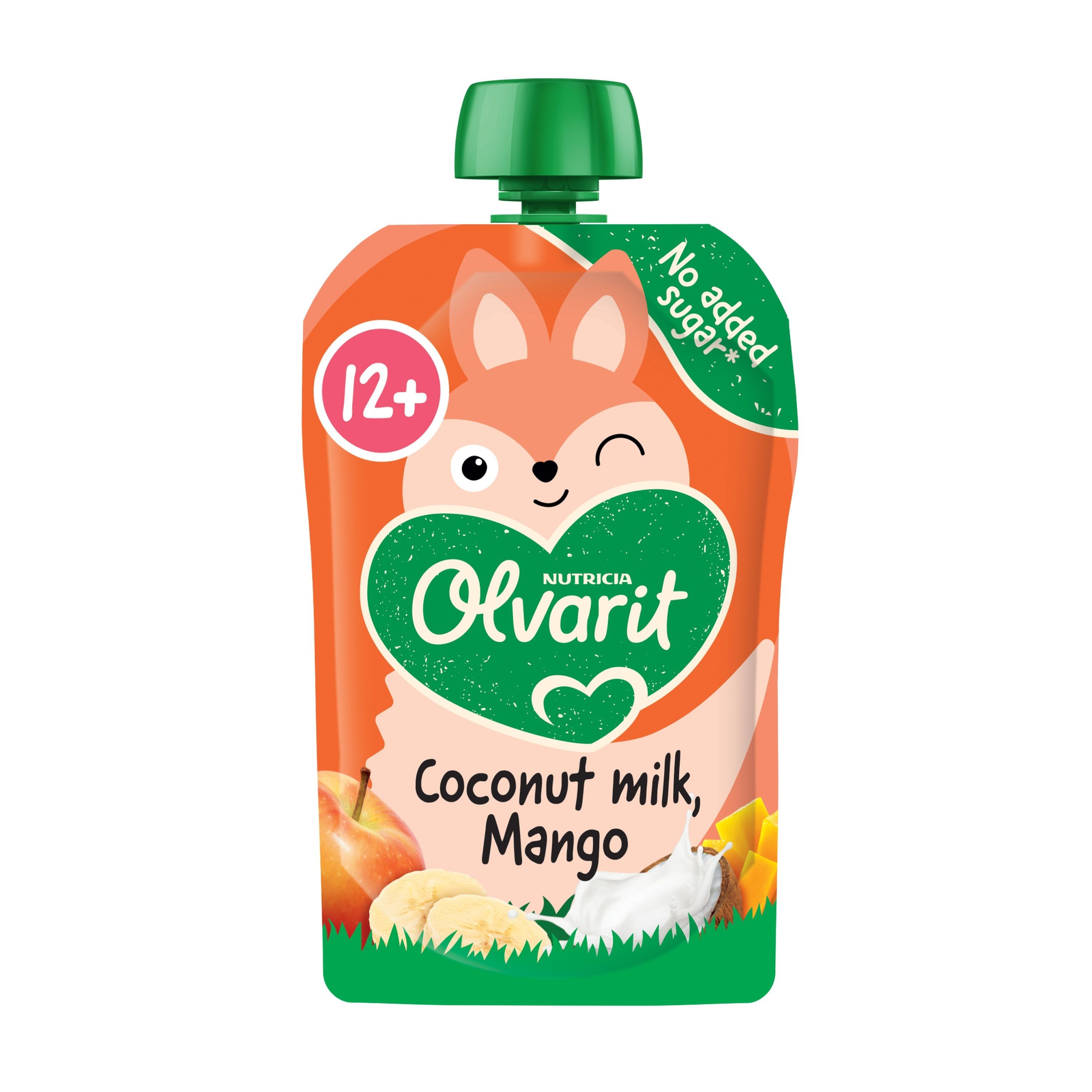 Gourde Olvarit, smoothie mangue-noix de coco, 12+. Emballage orange, bouchon vert. Motif renard, cœur, logo, texte.