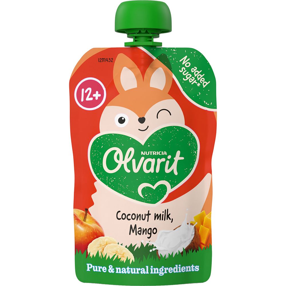 Gourde Olvarit, smoothie mangue-noix de coco, 12+. Emballage orange, bouchon vert. Motif renard, cœur, logo, texte.