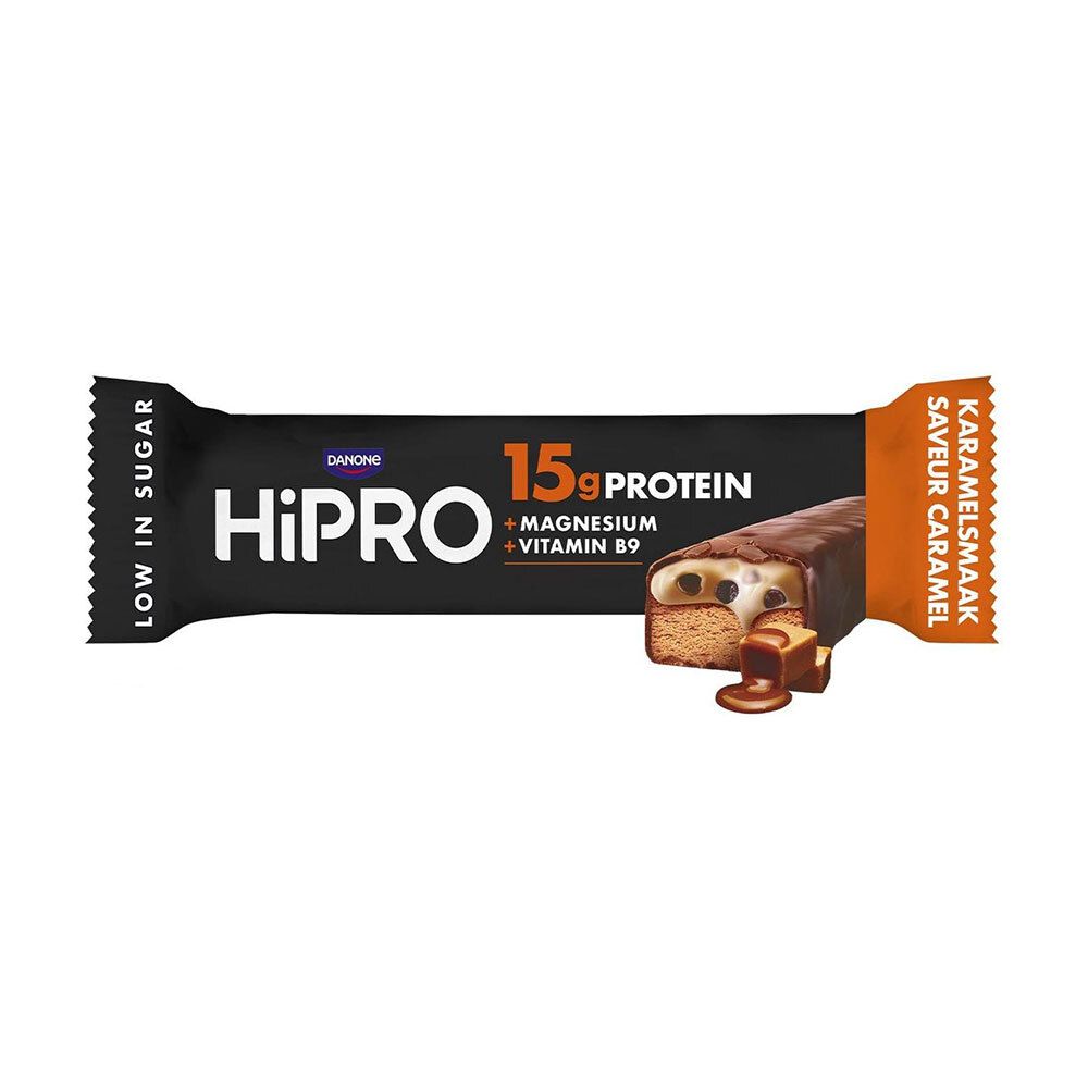 Eiwitreep in zwarte verpakking. Opschrift: HiPRO, 15g eiwit, magnesium, vitamine B9, karamelsmaak.