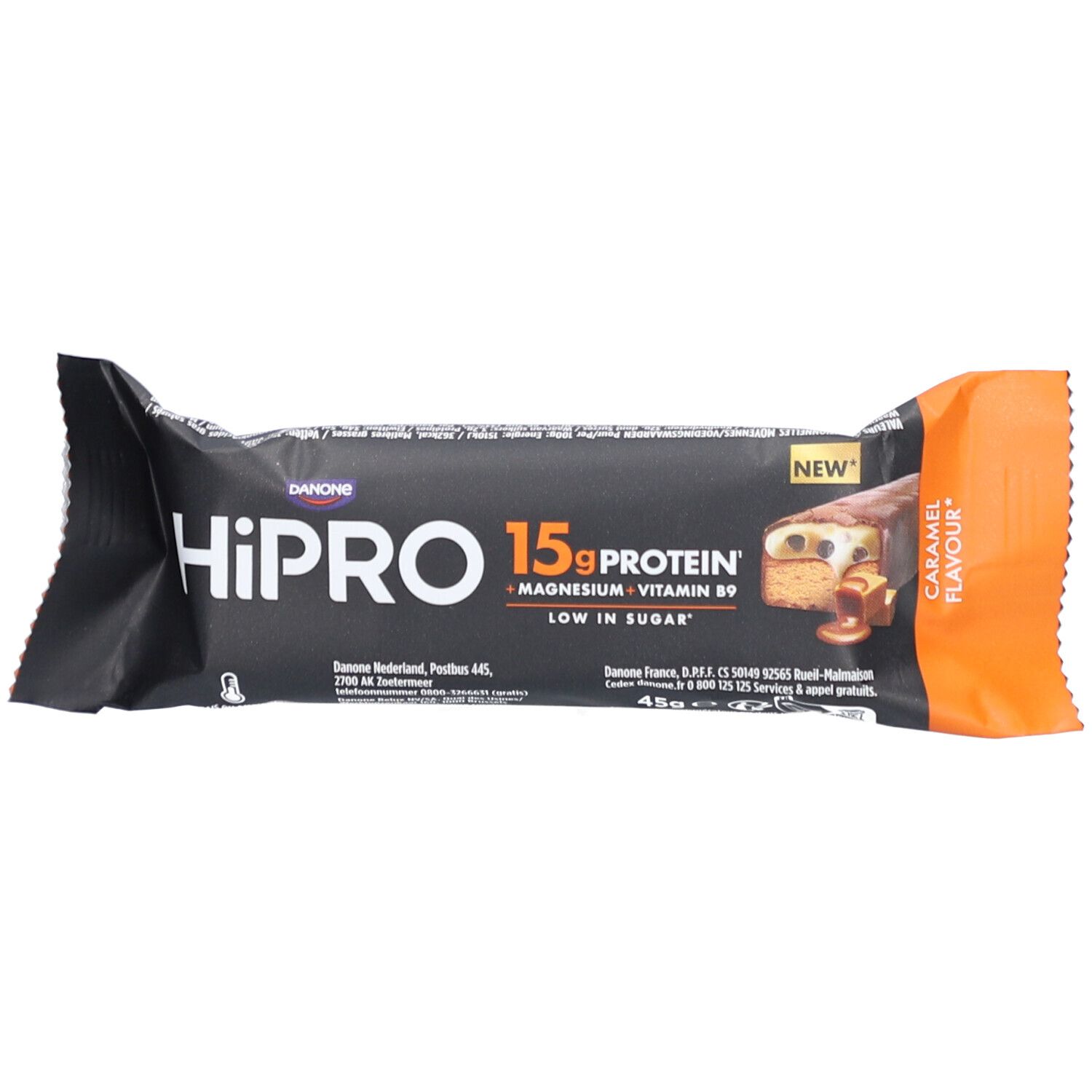 Eiwitreep in zwarte verpakking. Opschrift: HiPRO, 15g eiwit, magnesium, vitamine B9, karamelsmaak.