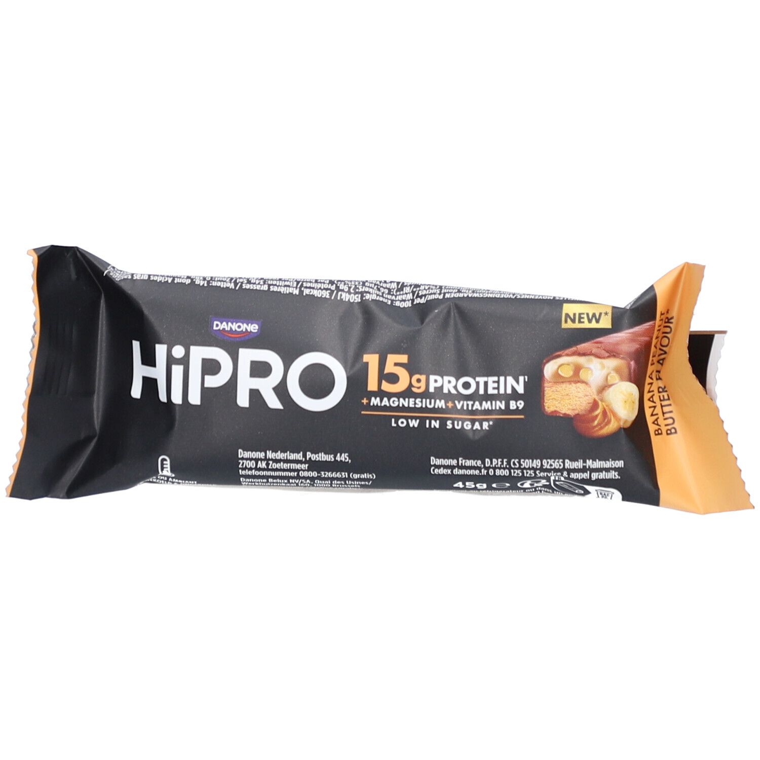HiPRO eiwitreep. Zwarte verpakking met productinfo. Opschrift: 15g eiwit, magnesium, vitamine B9. Pindakaas bananensmaak.