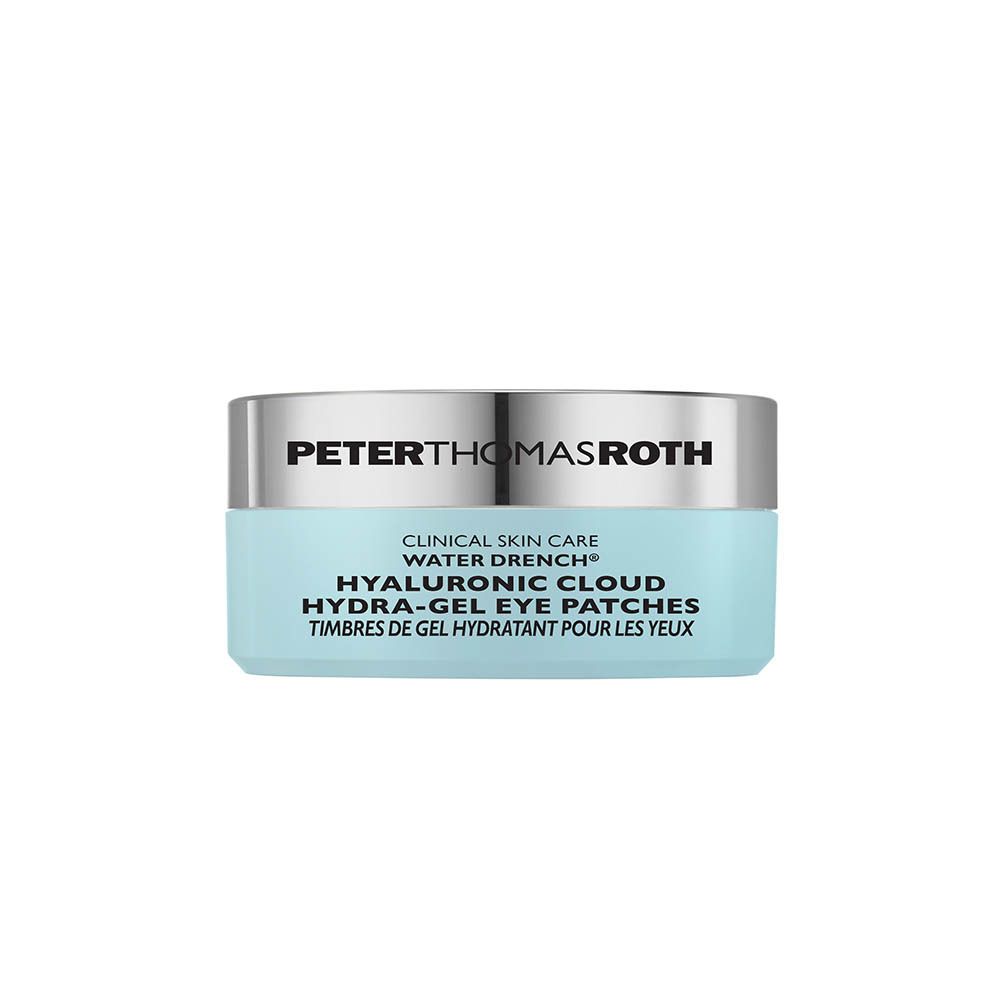 Pot rond avec couvercle argenté et base bleue. Inscription : PETER THOMAS ROTH, CLINICAL SKIN CARE, HYALURONIC CLOUD.
