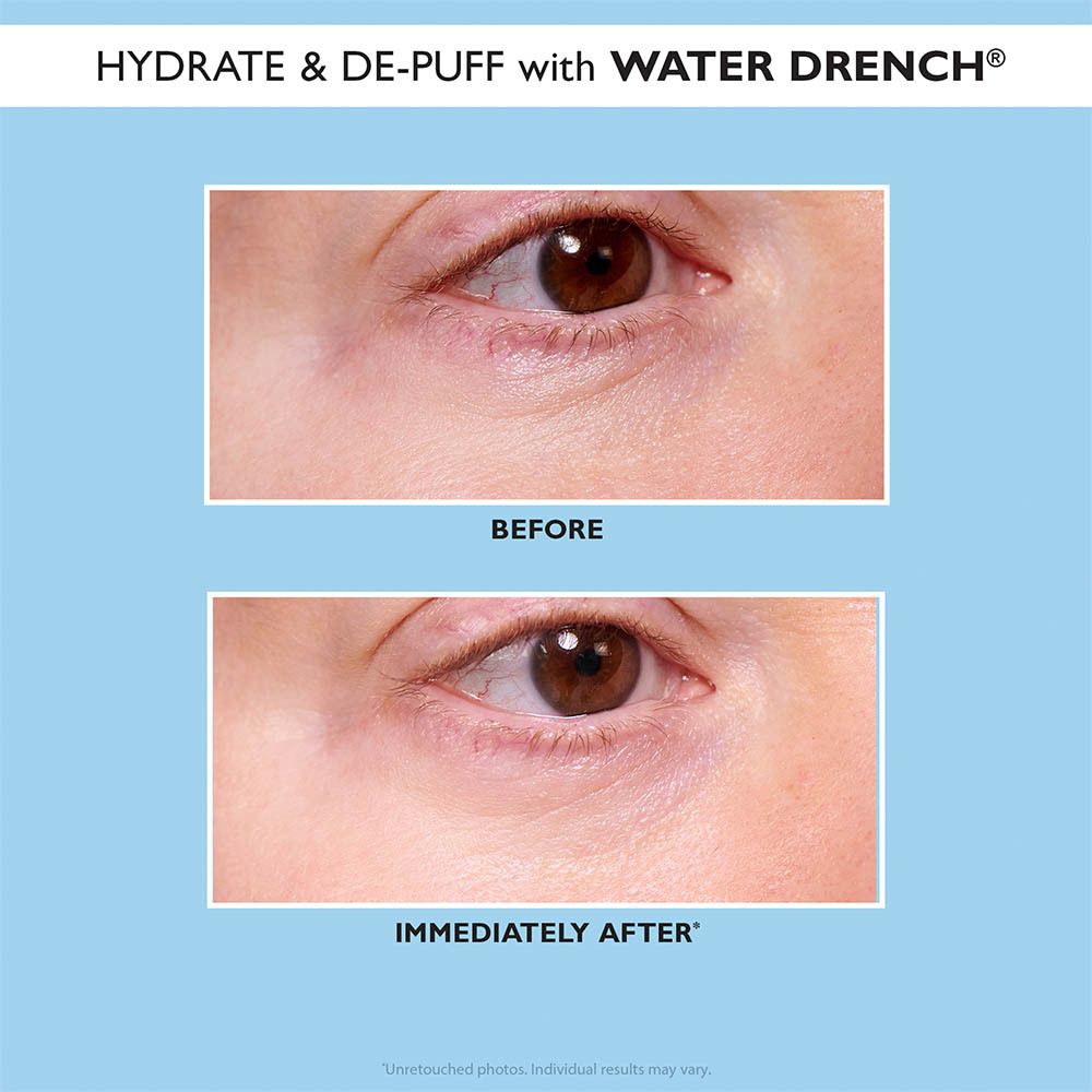 Voor-en-na-afbeelding van ogen. Tekst: HYDRATE & DE-PUFF with WATER DRENCH. Direct daarna.