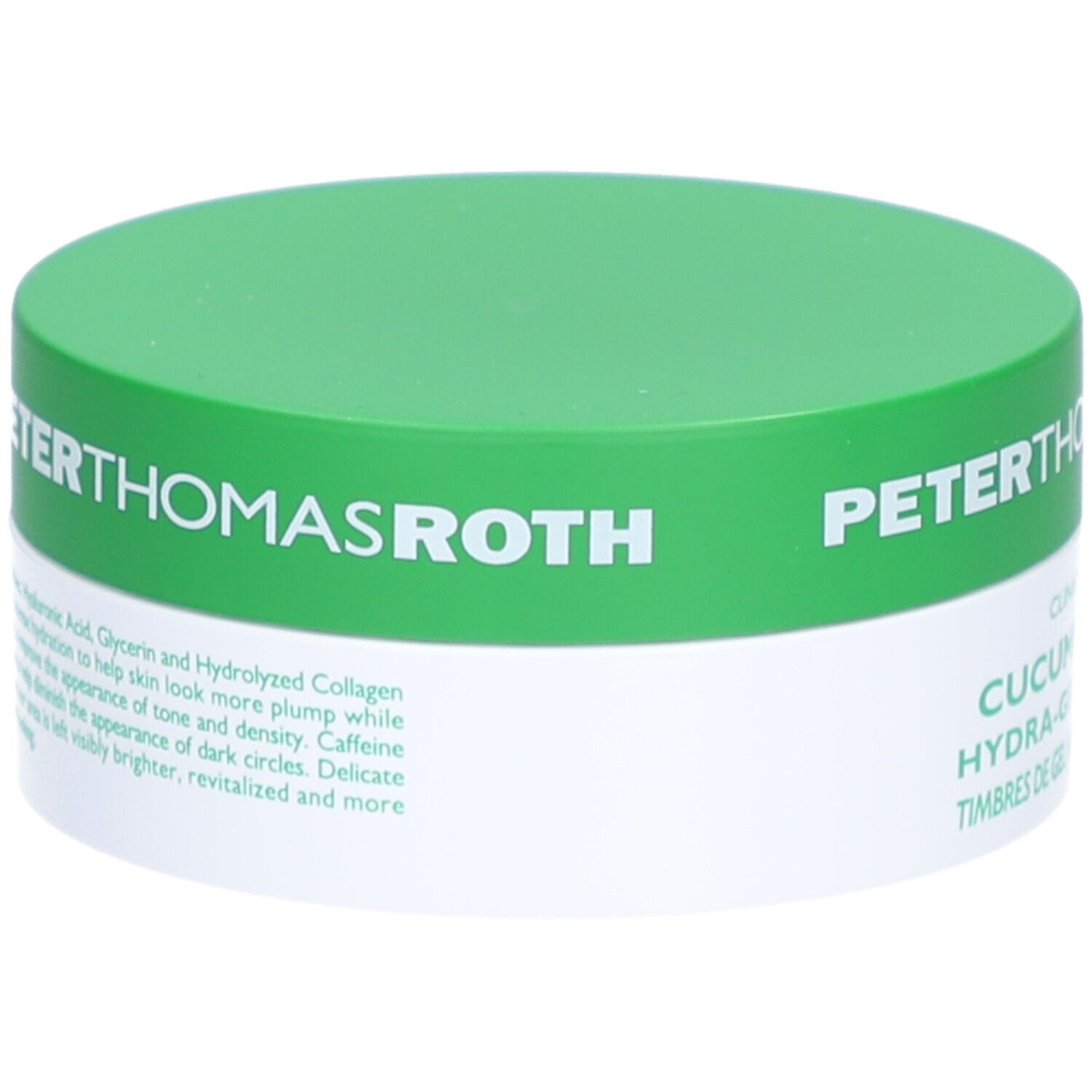 Grüner Tiegel mit weißem Boden. Aufschrift: Peter Thomas Roth, Cucumber De-Tox Hydra-Gel Eye Patches. Text.
