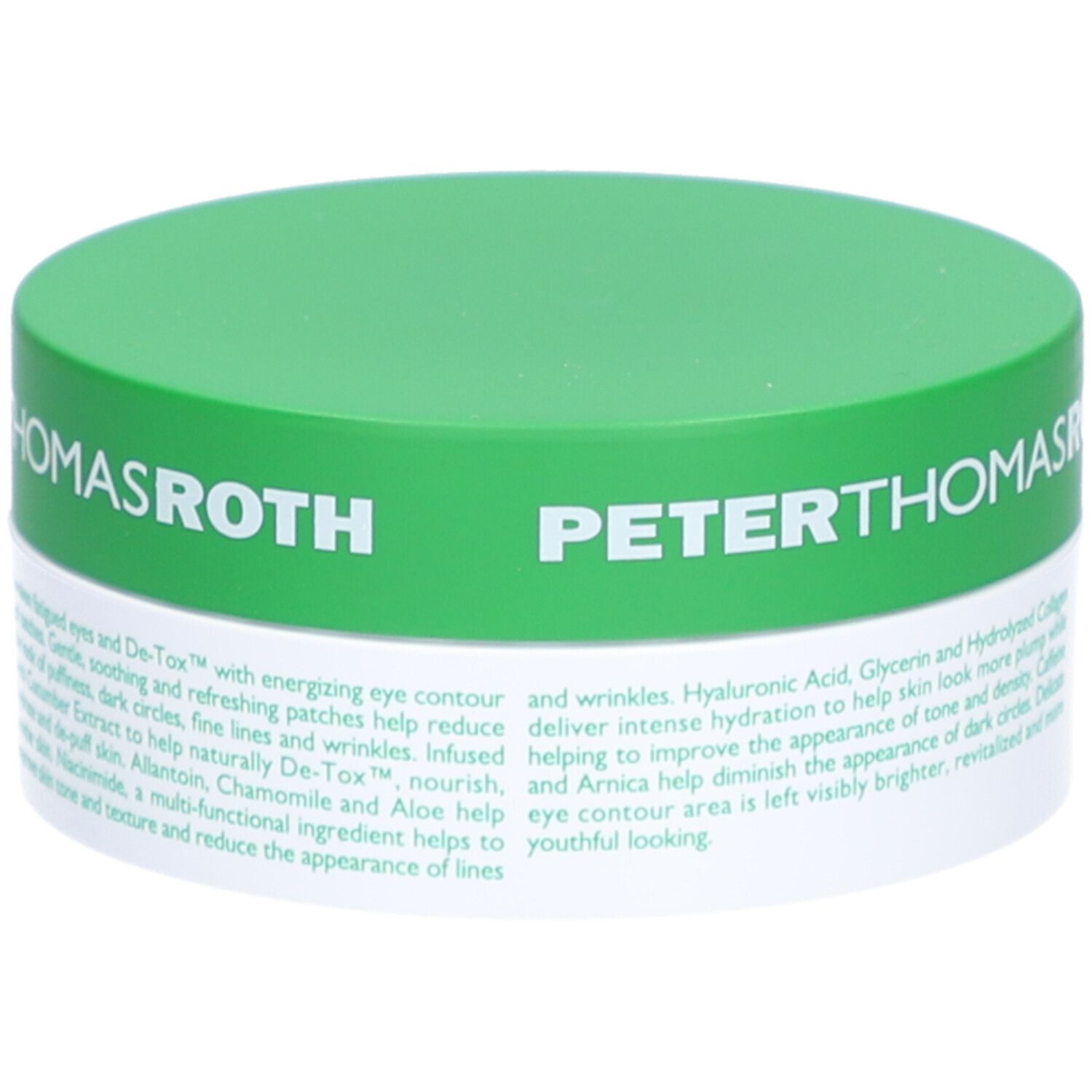 Grüner Tiegel mit weißem Boden. Aufschrift: Peter Thomas Roth, Cucumber De-Tox Hydra-Gel Eye Patches. Text.