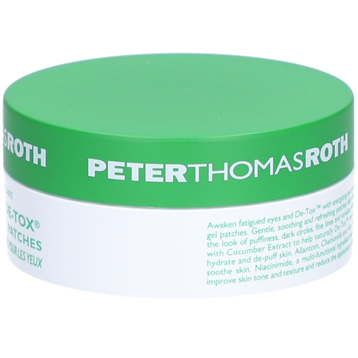 Grüner Tiegel mit weißem Boden. Aufschrift: Peter Thomas Roth, Cucumber De-Tox Hydra-Gel Eye Patches. Text.