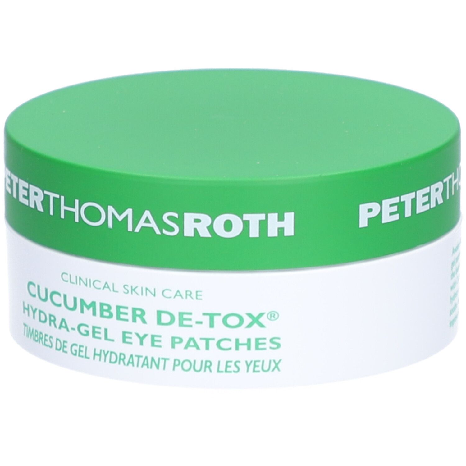 Grüner Tiegel mit weißem Boden. Aufschrift: Peter Thomas Roth, Cucumber De-Tox Hydra-Gel Eye Patches.