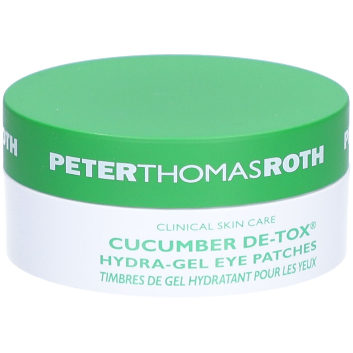 Grüner Tiegel mit weißem Boden. Aufschrift: Peter Thomas Roth, Cucumber De-Tox Hydra-Gel Eye Patches.
