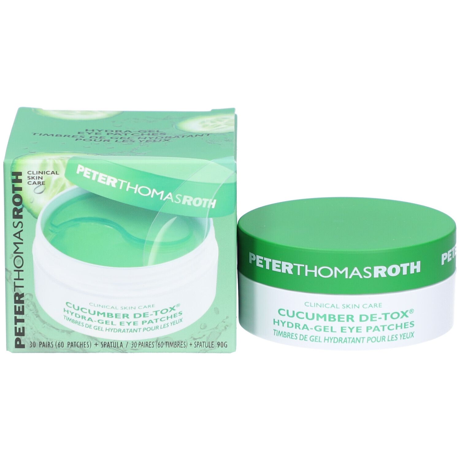 Produktverpackung mit Tiegel und Box. Aufschrift: Peter Thomas Roth, Cucumber De-Tox Hydra-Gel Eye Patches.