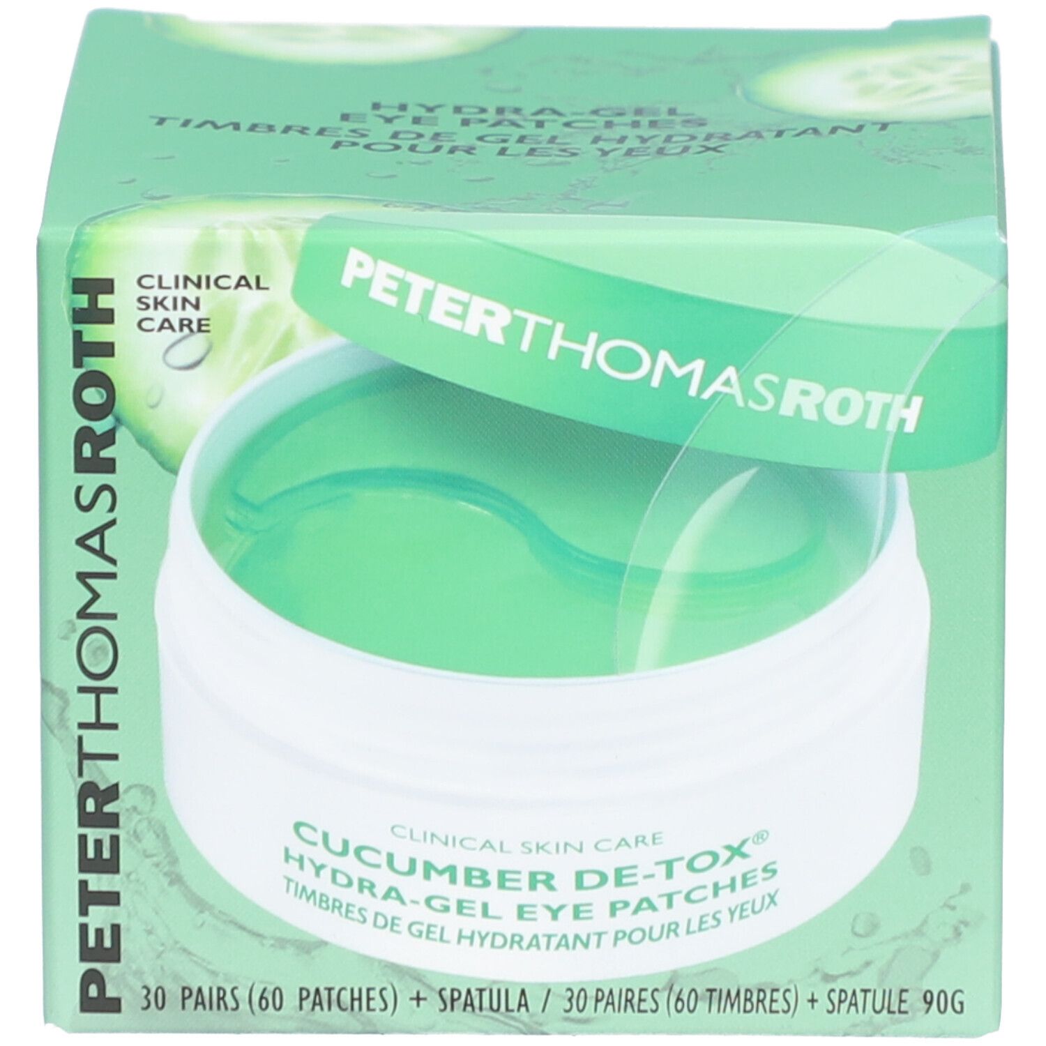 Produktverpackung mit Tiegel und Box. Aufschrift: Peter Thomas Roth, Cucumber De-Tox Hydra-Gel Eye Patches.
