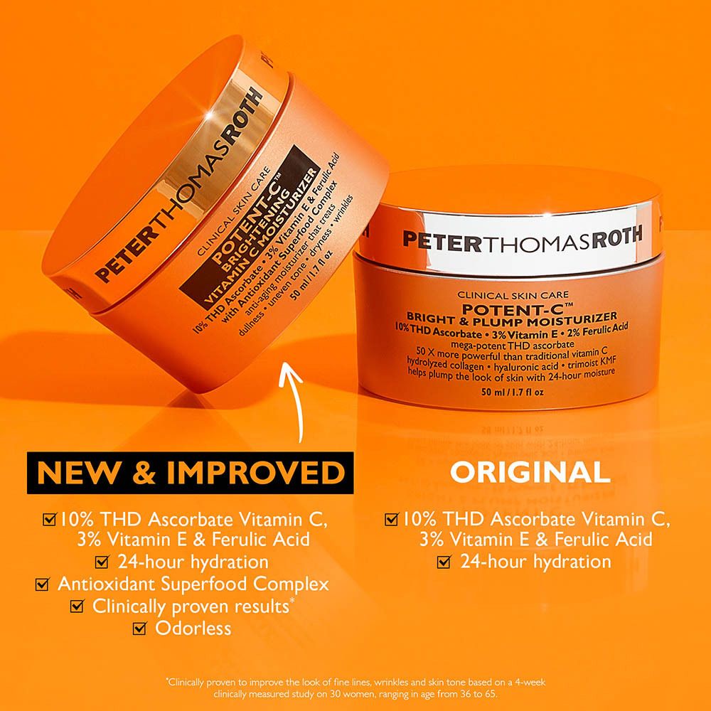 Comparaison du nouveau et de l'original. Inscription : POTENT-C, Vitamin C Moisturizer. 50 ml/1.7 fl oz.