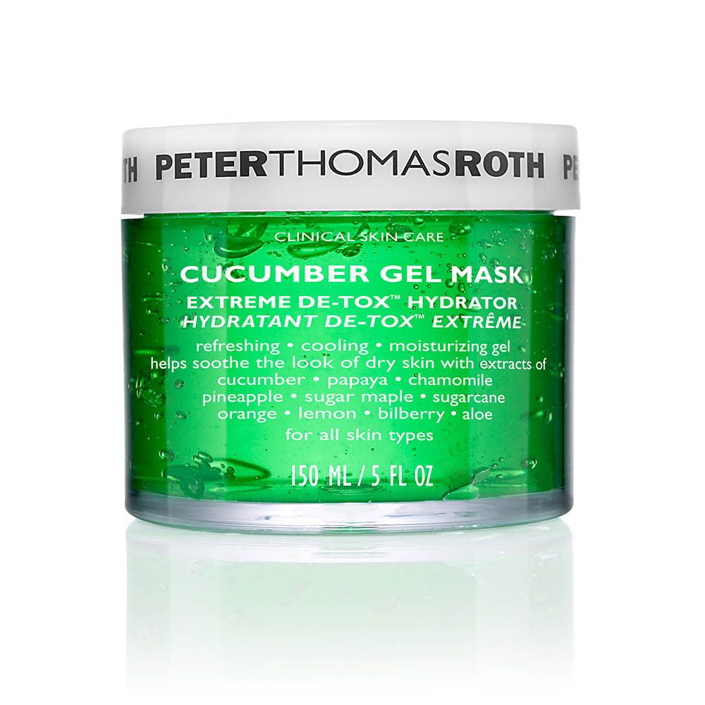 Gel vert dans un pot blanc. Inscription : Peter Thomas Roth, Cucumber Gel Mask. 150 ml/5 fl oz.
