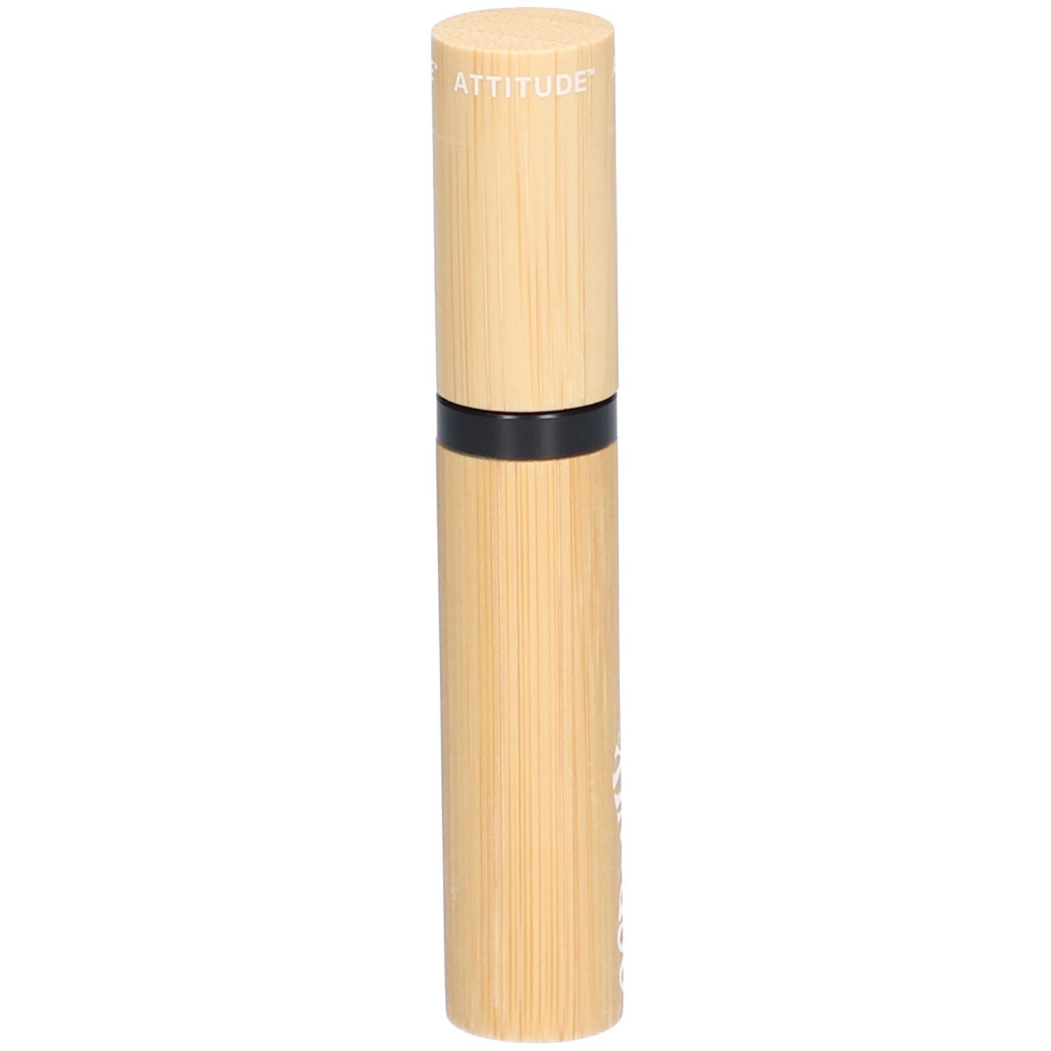 Mascara serum tube van imitatiehout. Zwarte ring. ATTITUDE logo.