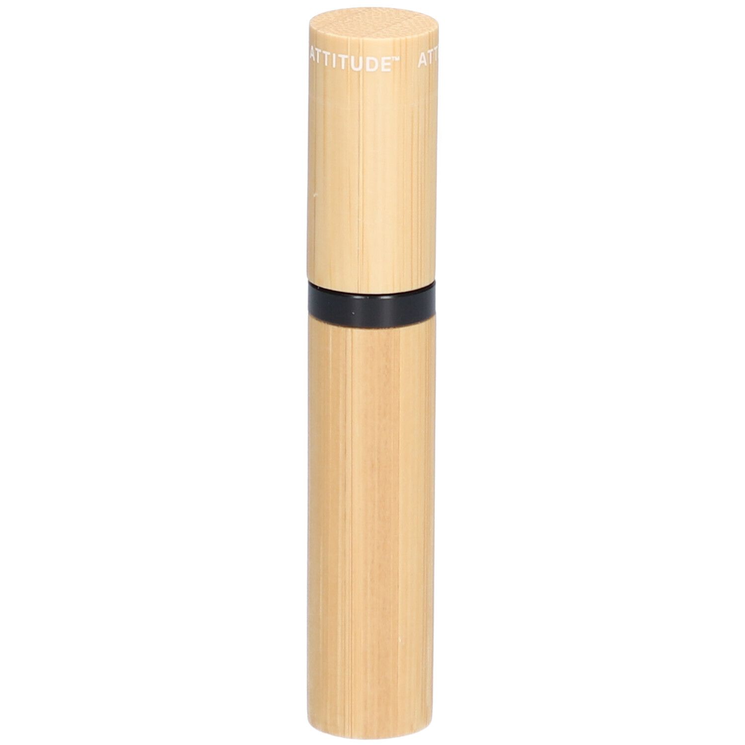 Mascara serum tube van imitatiehout. Zwarte ring. ATTITUDE logo.