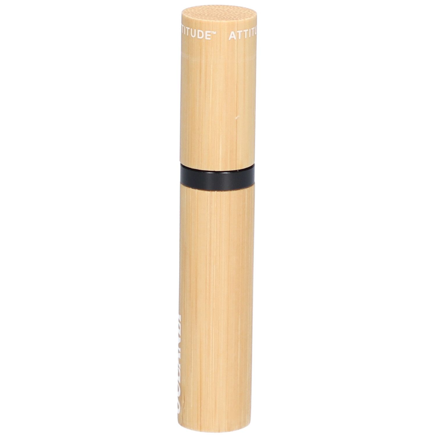 Mascara serum tube van imitatiehout. Zwarte ring. ATTITUDE logo.