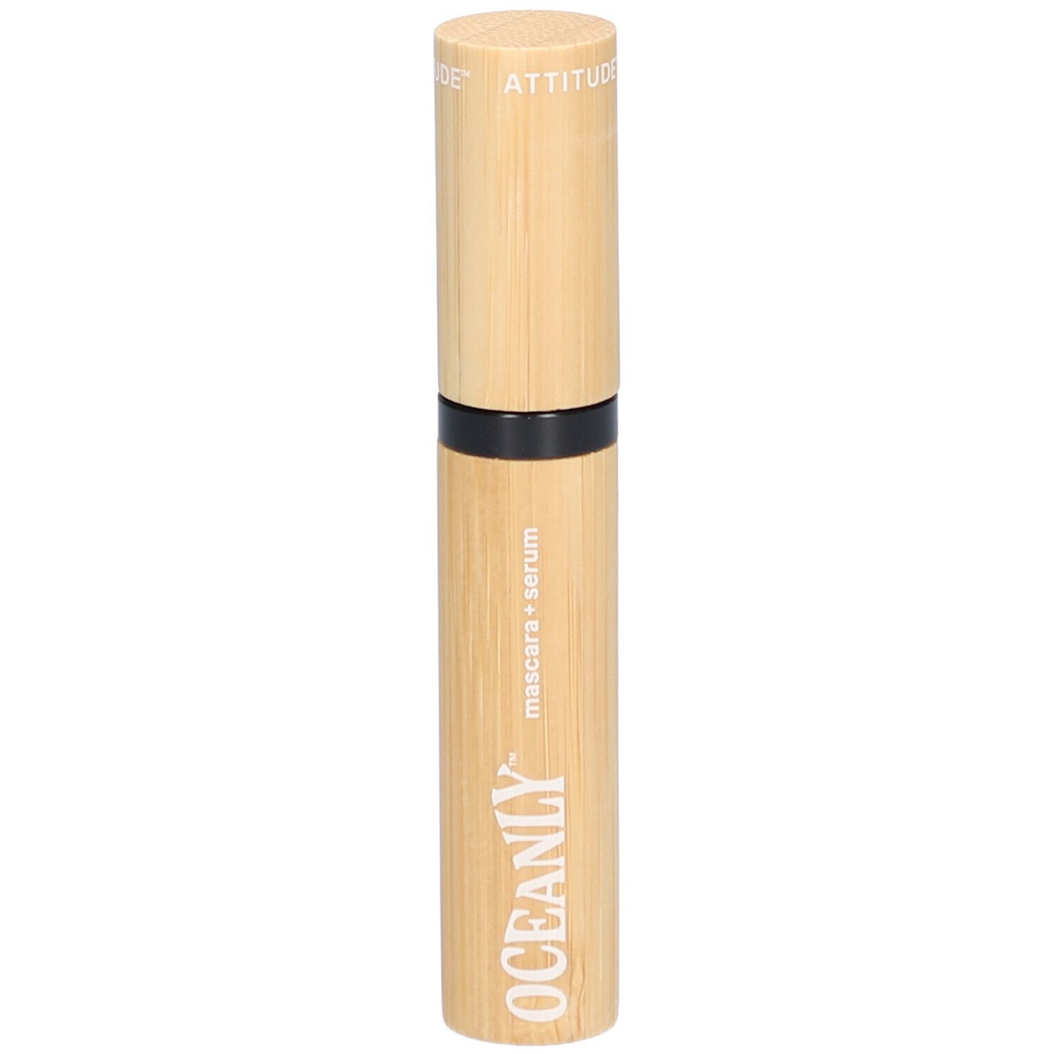 Mascara serum tube van imitatiehout. Zwarte ring. OCEANLY logo. Tekst: mascara + serum.