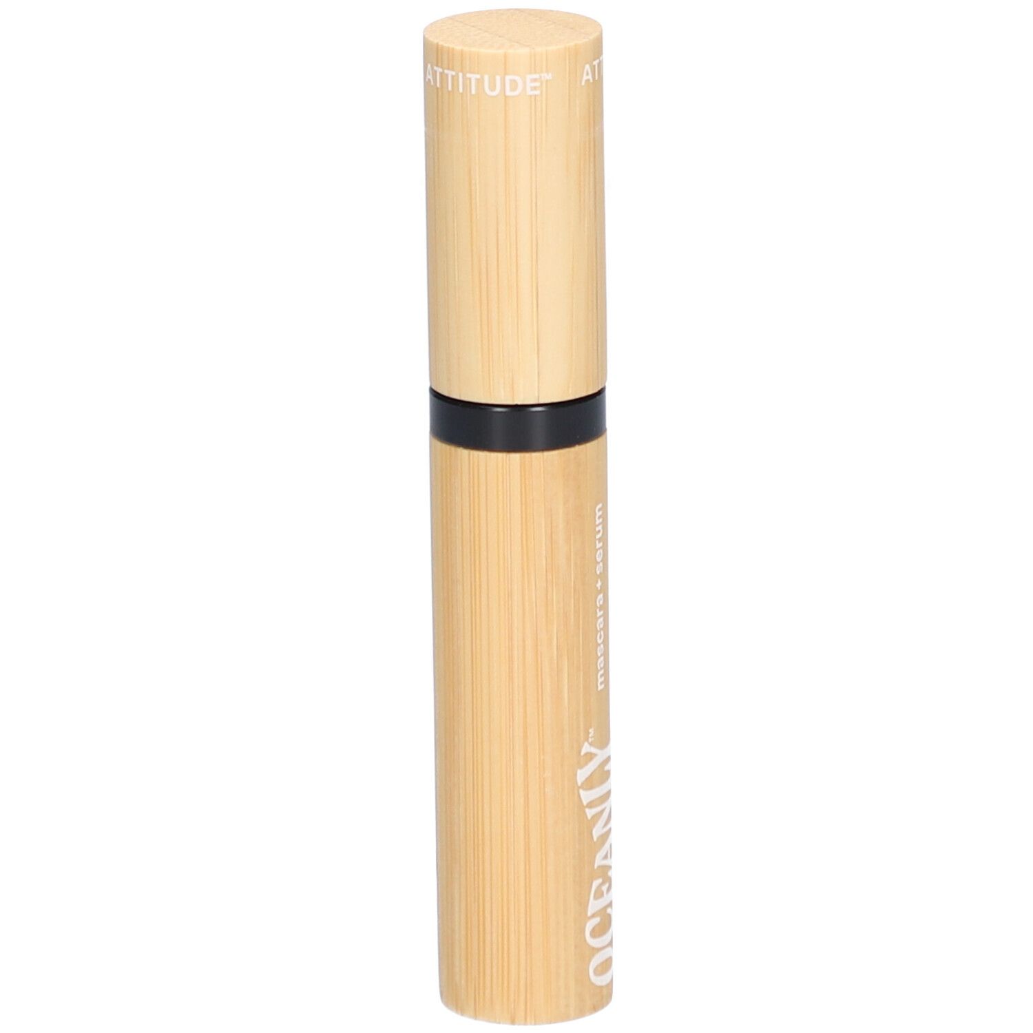 Mascara serum tube van imitatiehout. Zwarte ring. OCEANLY logo. Tekst: mascara + serum.