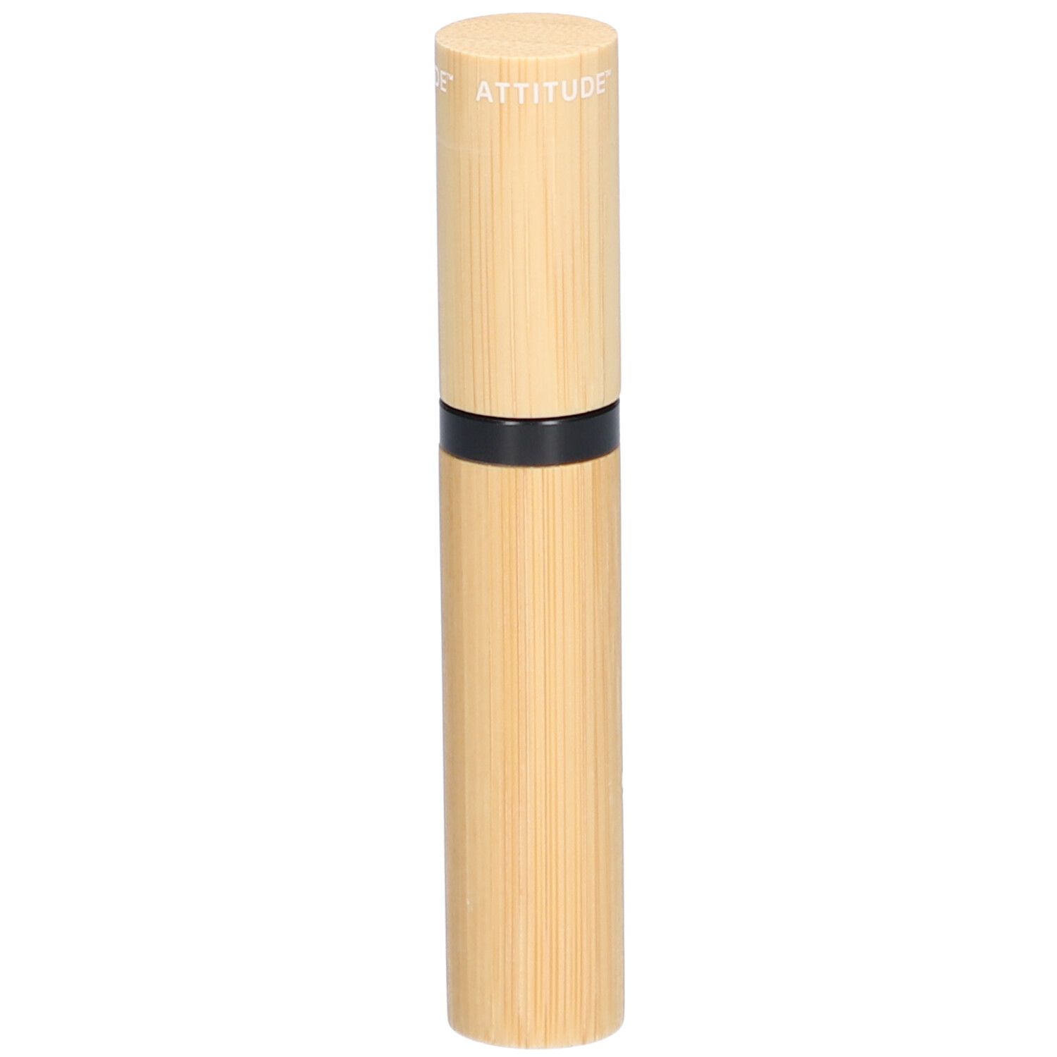 Mascara serum tube van imitatiehout. Zwarte ring. ATTITUDE logo.