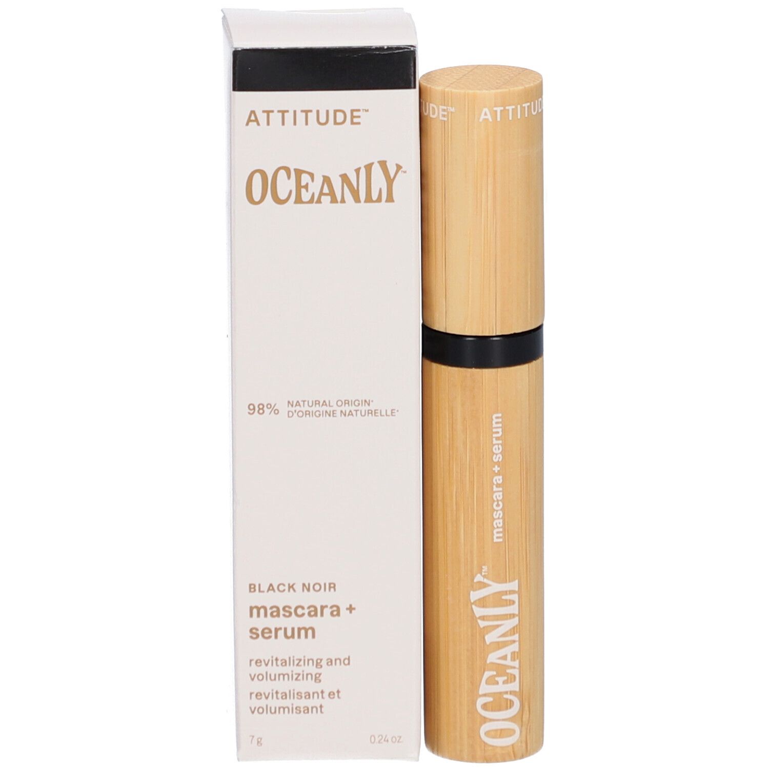 Mascara serum tube en verpakking. OCEANLY, ATTITUDE logo. Tekst: Mascara + Serum, 98% natuurlijke oorsprong.