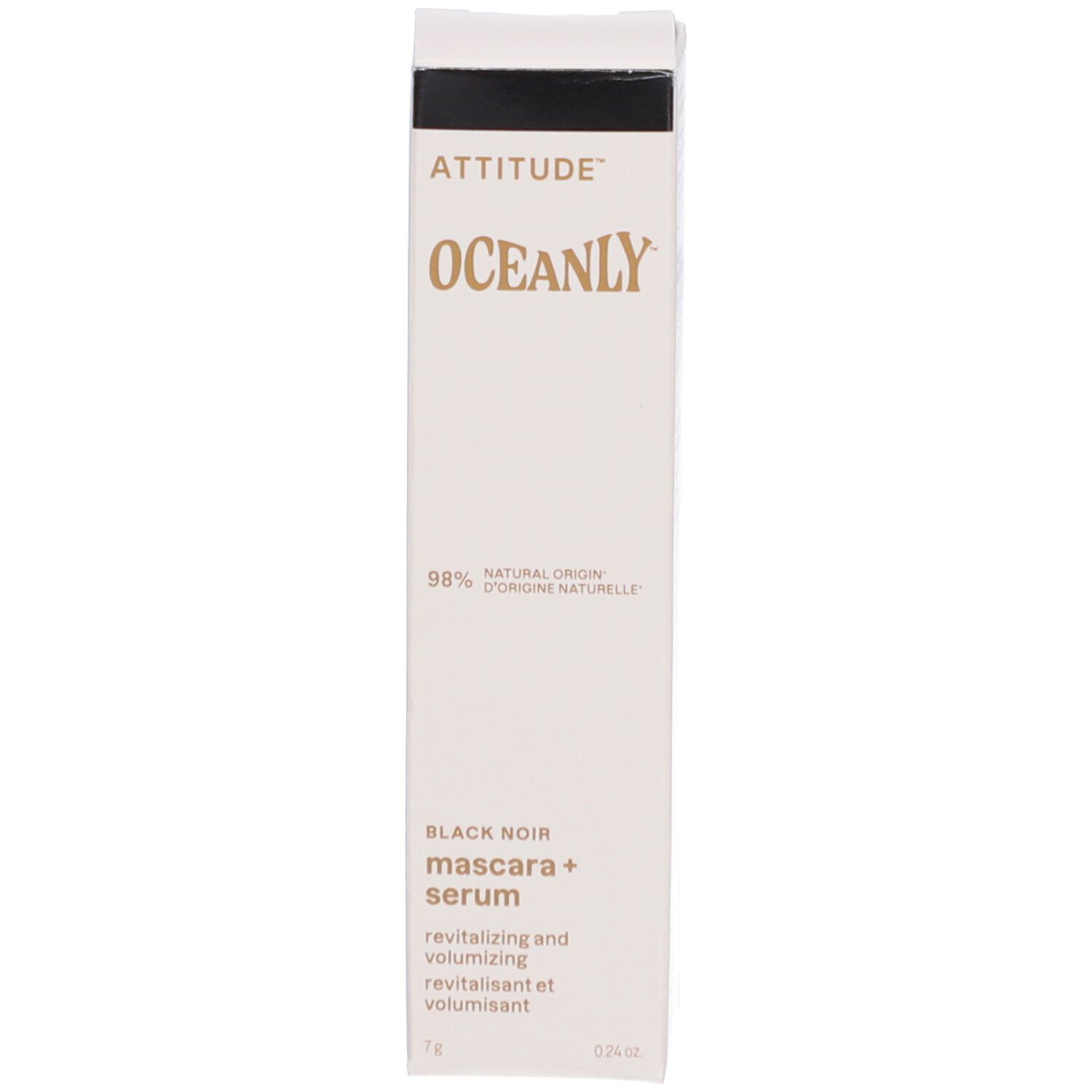 Verpakking voor mascara serum. OCEANLY, ATTITUDE logo. Tekst: Mascara + Serum, 98% natuurlijke oorsprong.