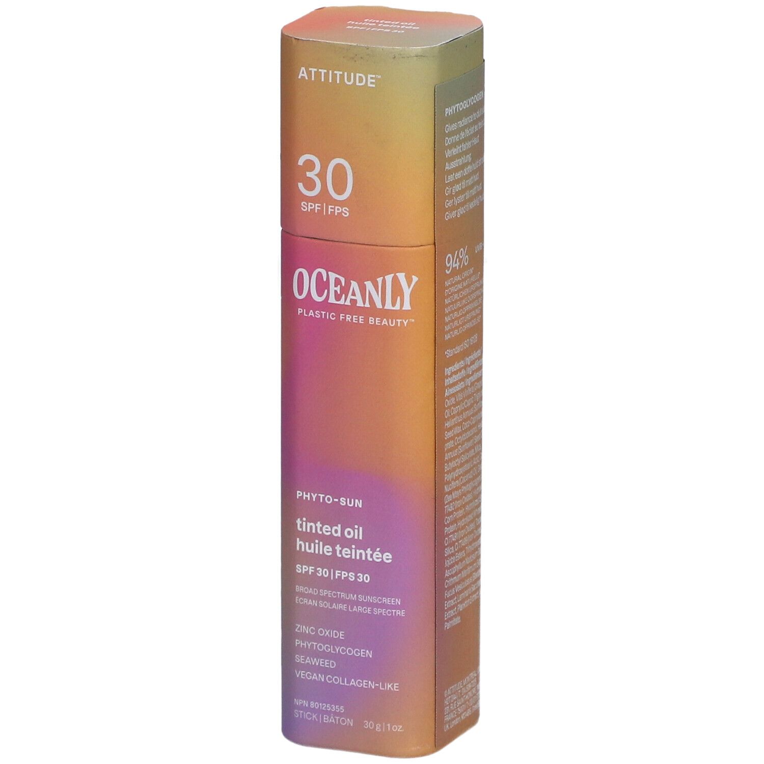 Zylindrische Verpackung. Oben: ATTITUDE, 30 SPF. Unten: OCEANLY, Phyto-Sun, getöntes Öl, SPF 30. Inhaltsstoffe.
