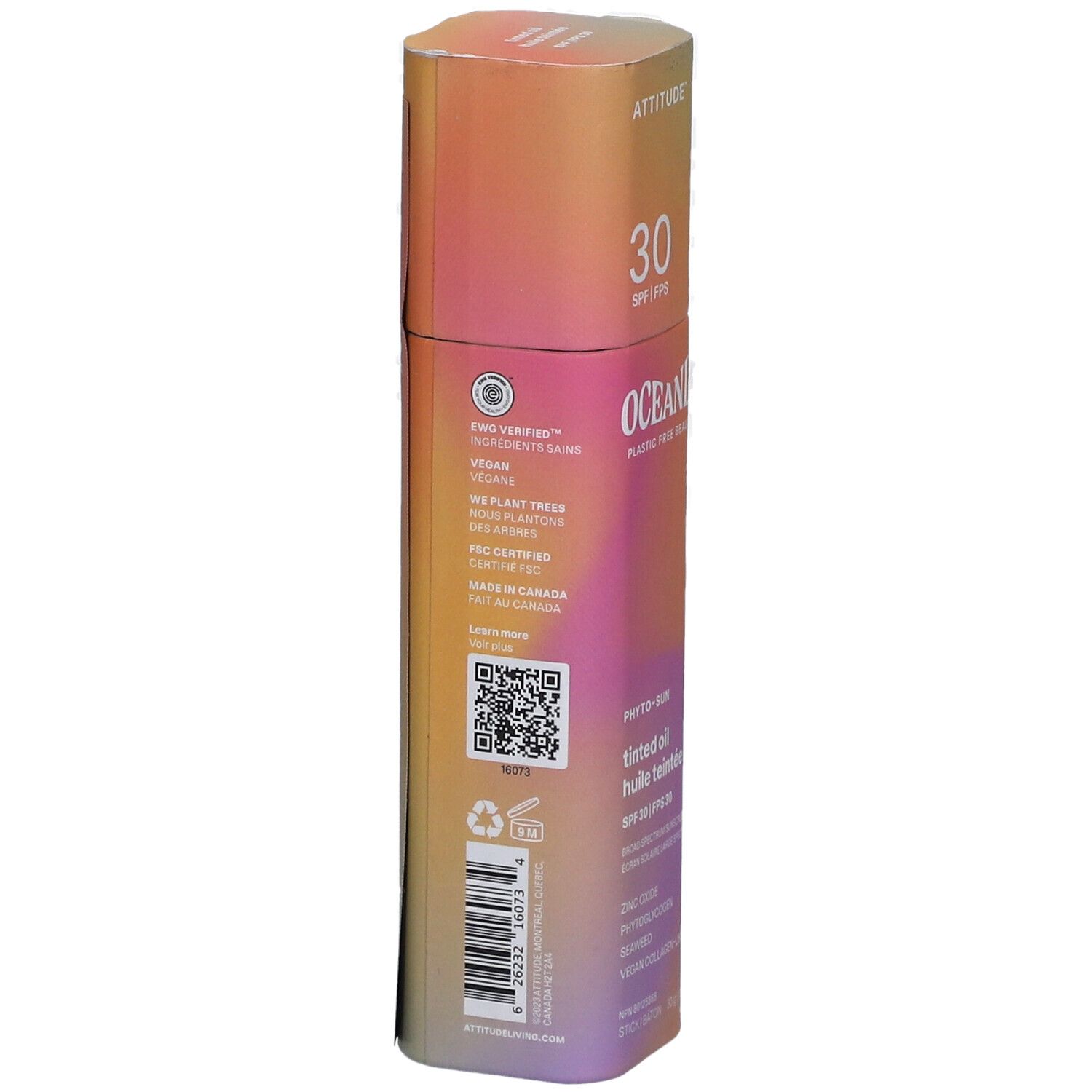 Rückseite der Verpackung. Logo, QR-Code, Inhaltsstoffe, vegan, Made in Canada. Farbverlauf von Orange nach Rosa.