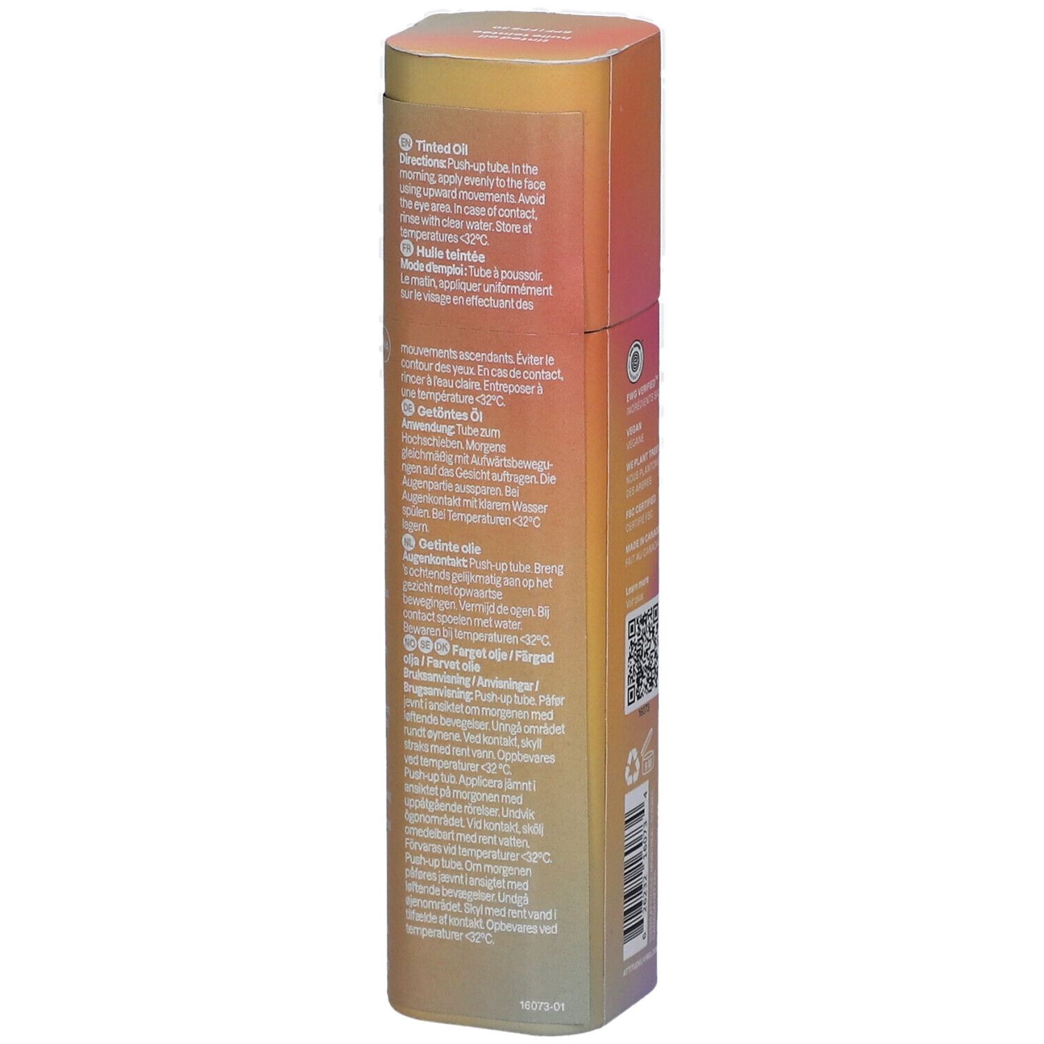 Verpackung mit Text. Anwendungshinweise, Warnhinweise, Inhaltsstoffe. Farbverlauf von Orange nach Rosa.
