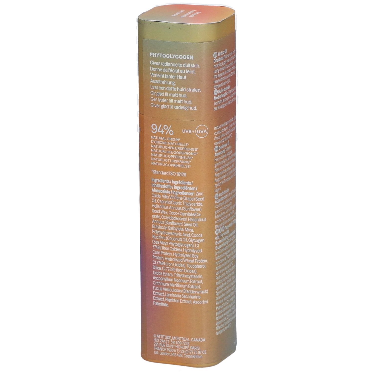 Verpackung mit Inhaltsstoffen. 94% Inhaltsstoffe natürlichen Ursprungs. UV-Schutz. Farbverlauf von Orange nach Rosa.