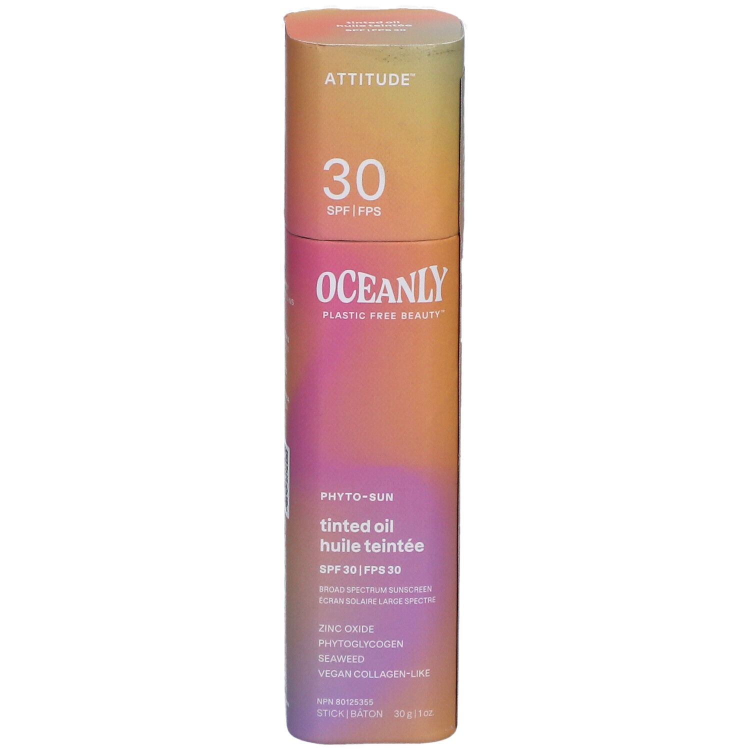 Zylindrische Verpackung. ATTITUDE, 30 SPF. OCEANLY, Phyto-Sun, getöntes Öl, SPF 30. Inhaltsstoffe.