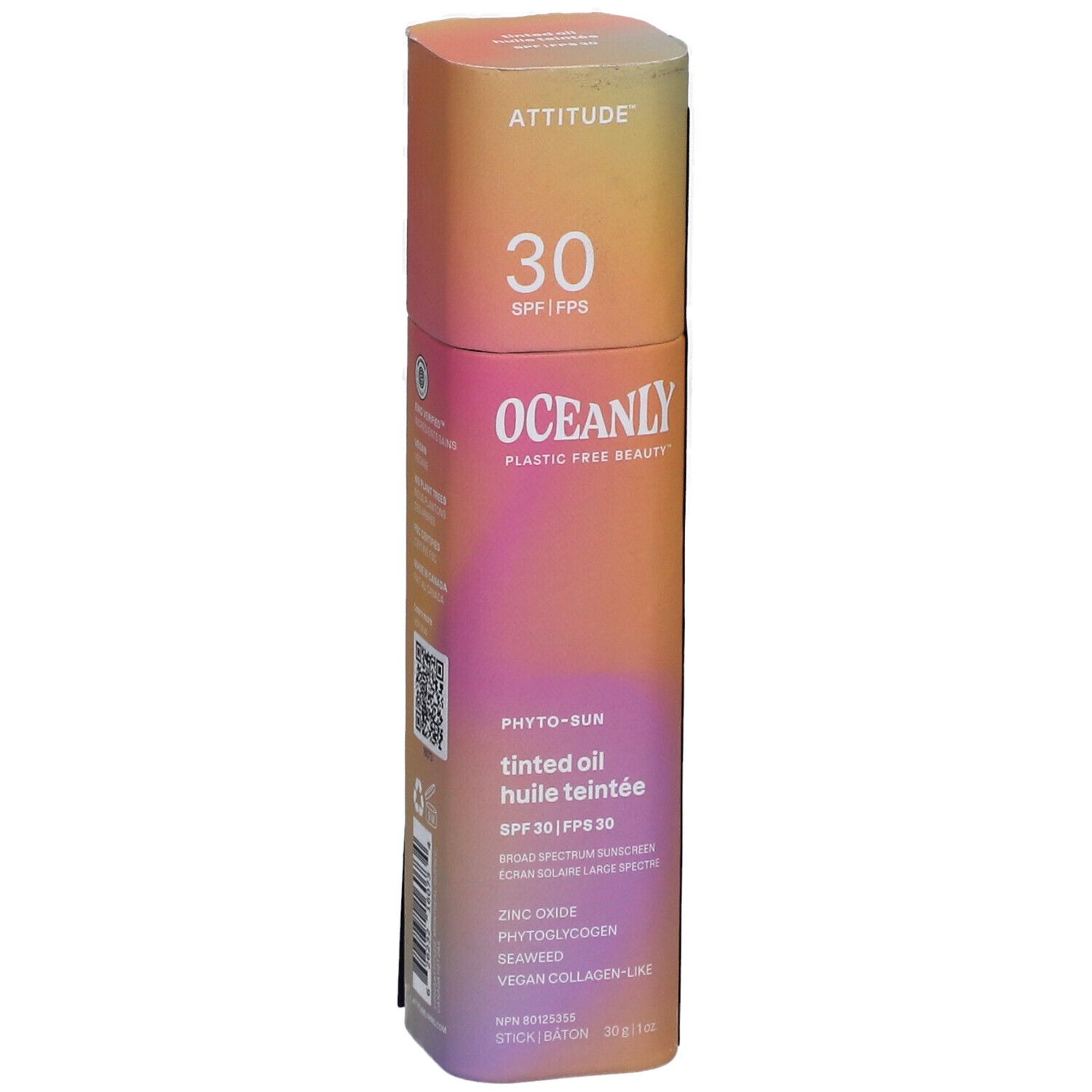 Zylindrische Verpackung. ATTITUDE, 30 SPF. OCEANLY, Phyto-Sun, getöntes Öl, SPF 30. Inhaltsstoffe.