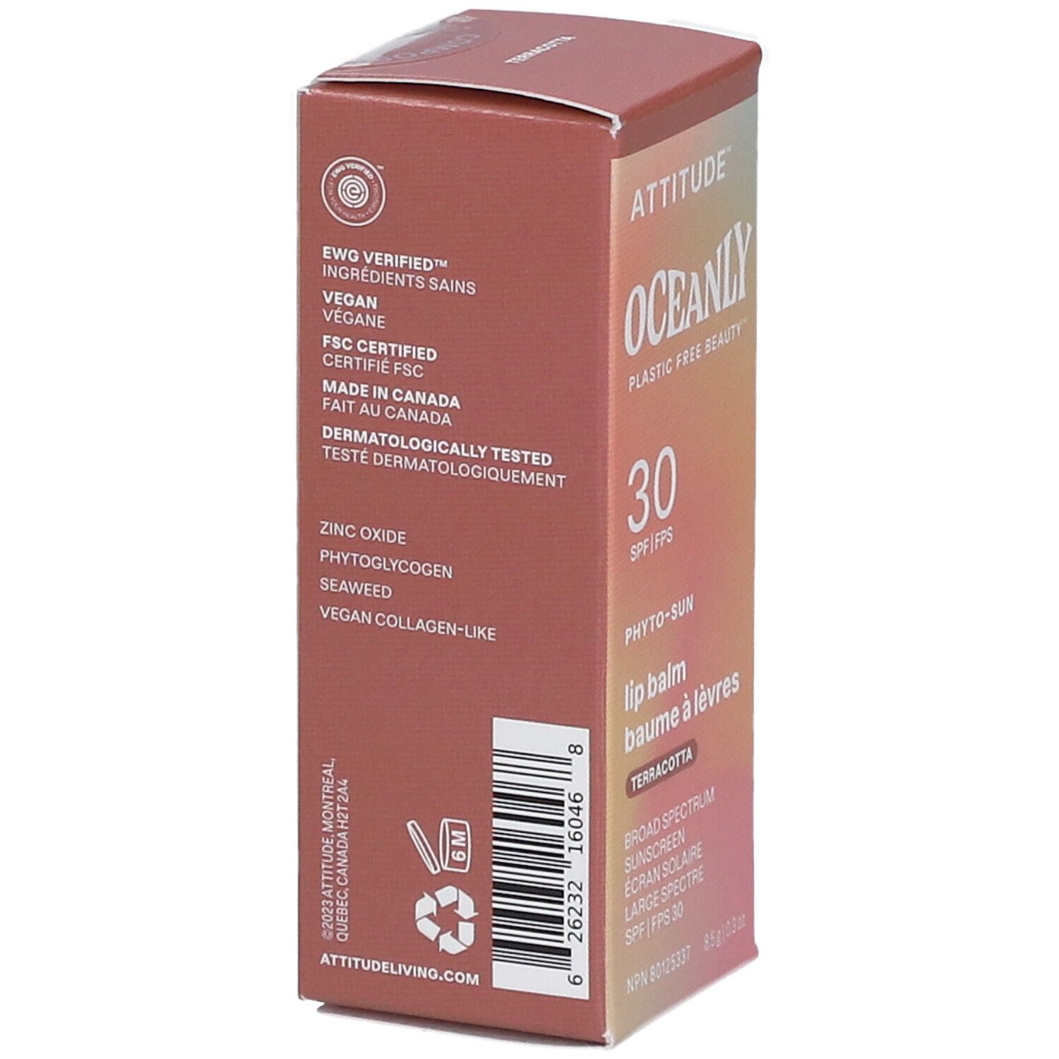 Rückseite der Verpackung von Attitude Oceanly Phyto Sun Lippenbalsam. Text: EWO Verified, Vegan, FSC Certified.