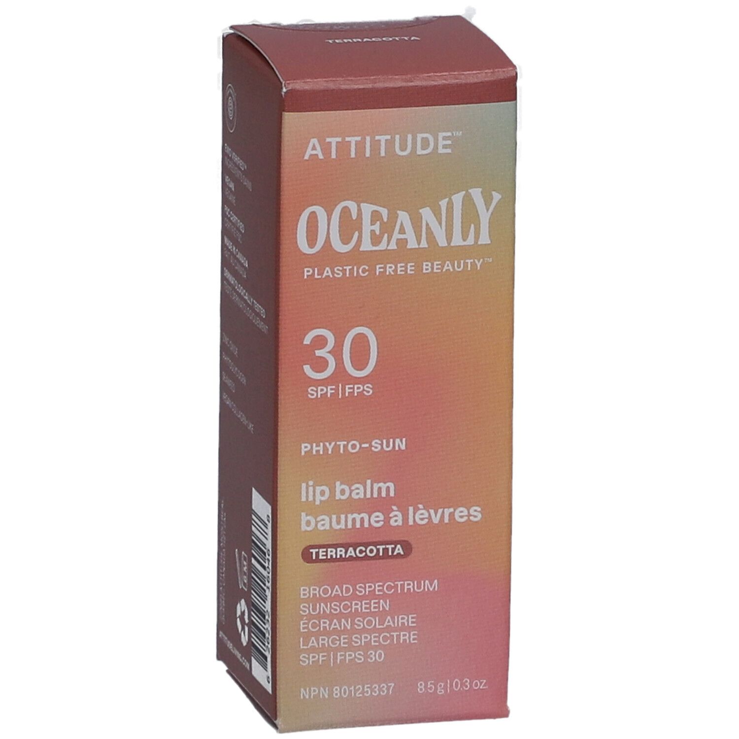 Verpackung von Attitude Oceanly Phyto Sun Lippenbalsam. Farbverlauf von Rosa nach Orange. Text: 30 SPF, Terracotta.