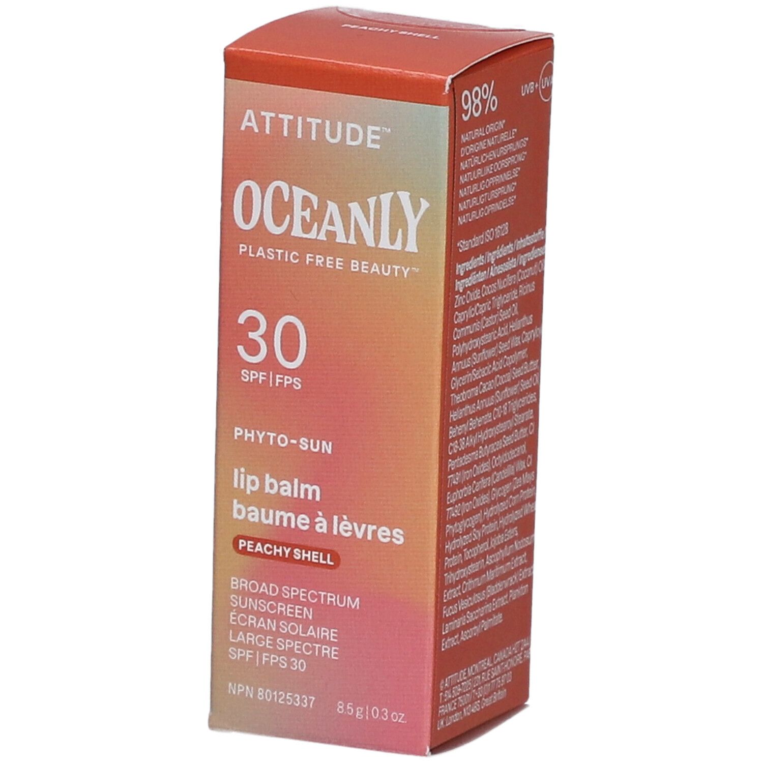 Karton für Lippenbalsam. Marke: Attitude Oceanly. Text: 30 SPF, Peachy Shell. Enthält Inhaltsstoffe. 98% natürlich.