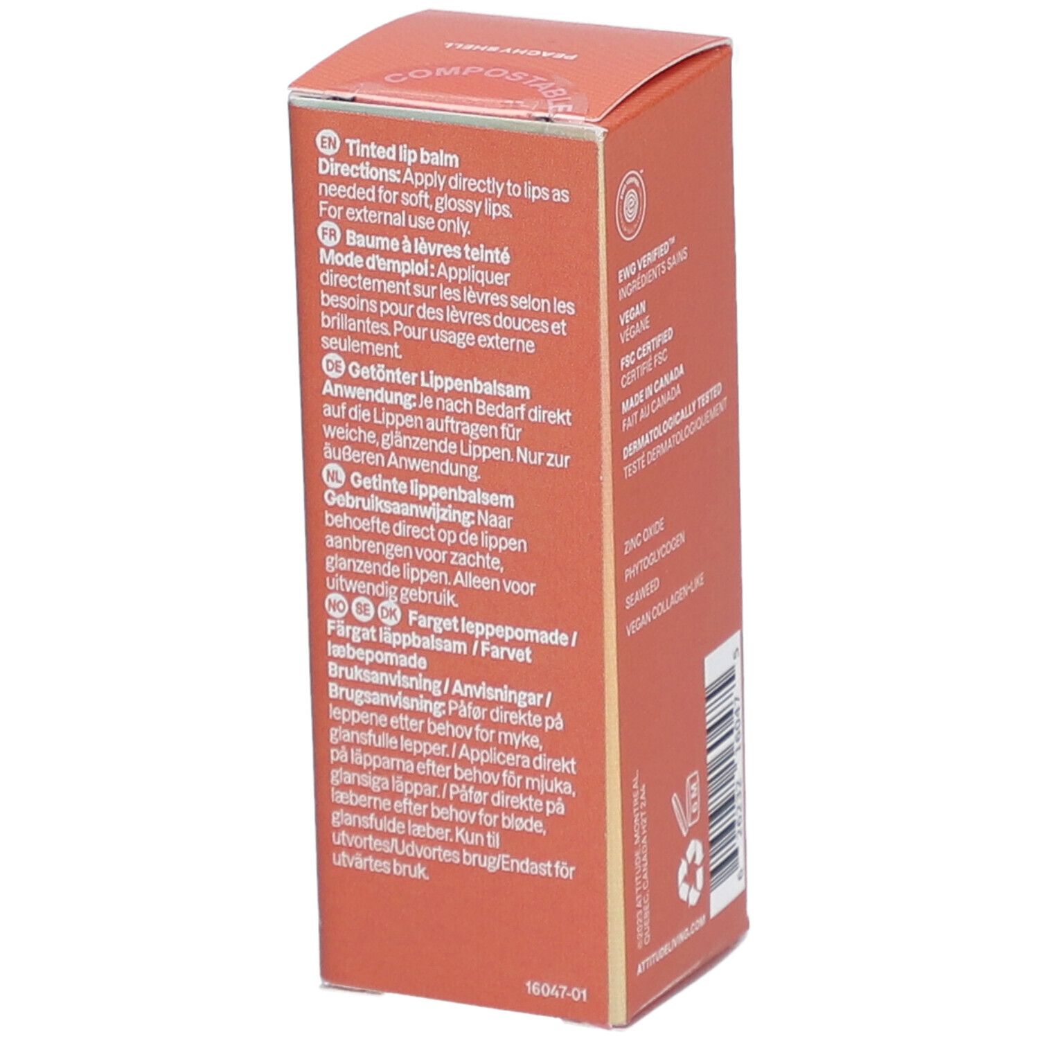 Karton für Lippenbalsam. Text: Anwendungshinweise. Enthält Text in Deutsch, Englisch, Französisch, Niederländisch und Dänisch.