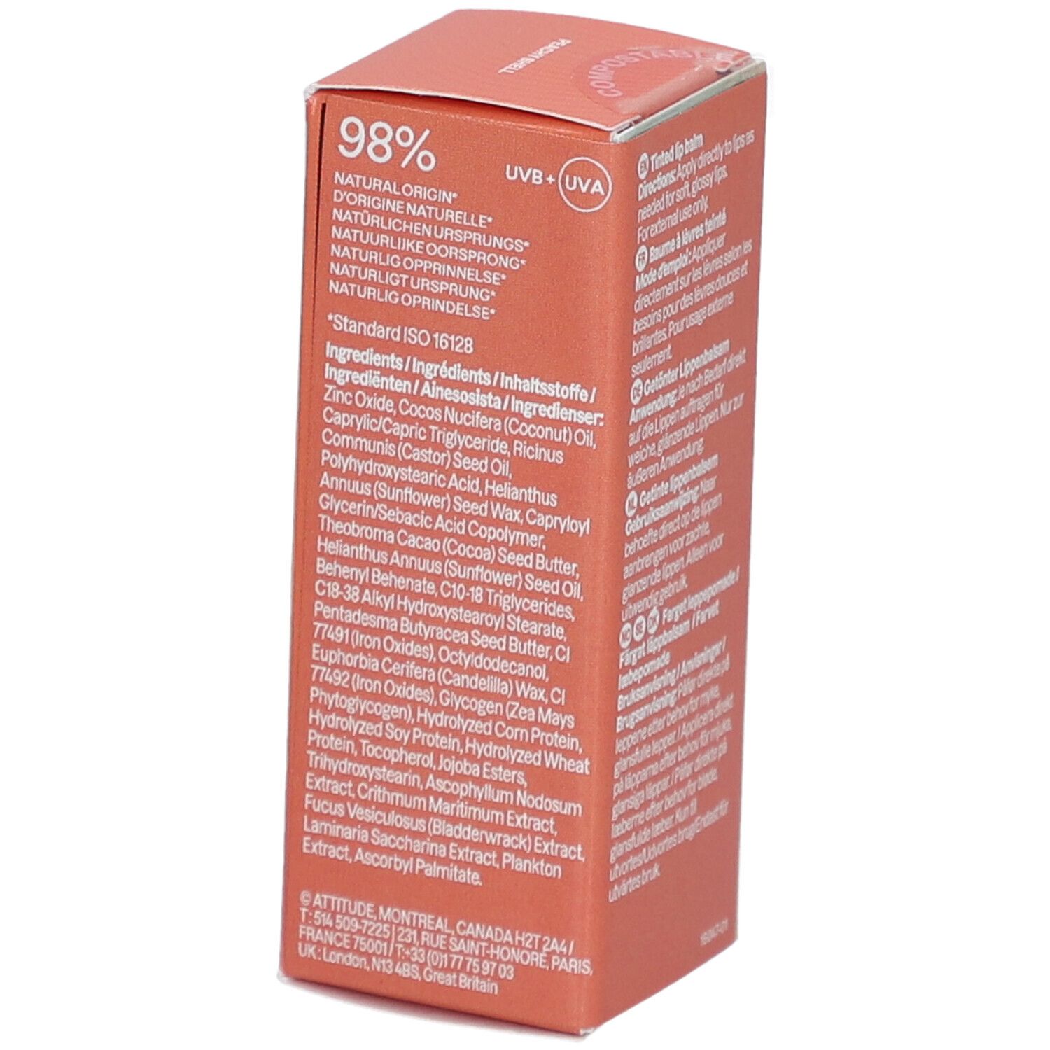 Karton für Lippenbalsam. Enthält Inhaltsstoffe. Text: 98% natürlich. UV-Schutz. Adresse des Herstellers.