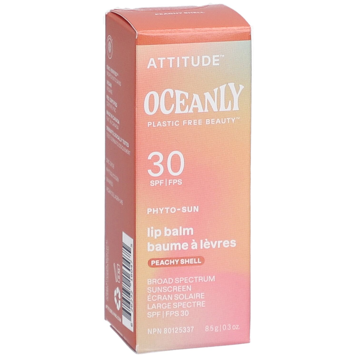 Karton für Lippenbalsam. Marke: Attitude Oceanly. Text: 30 SPF, Peachy Shell. Farbverlauf Hintergrund.