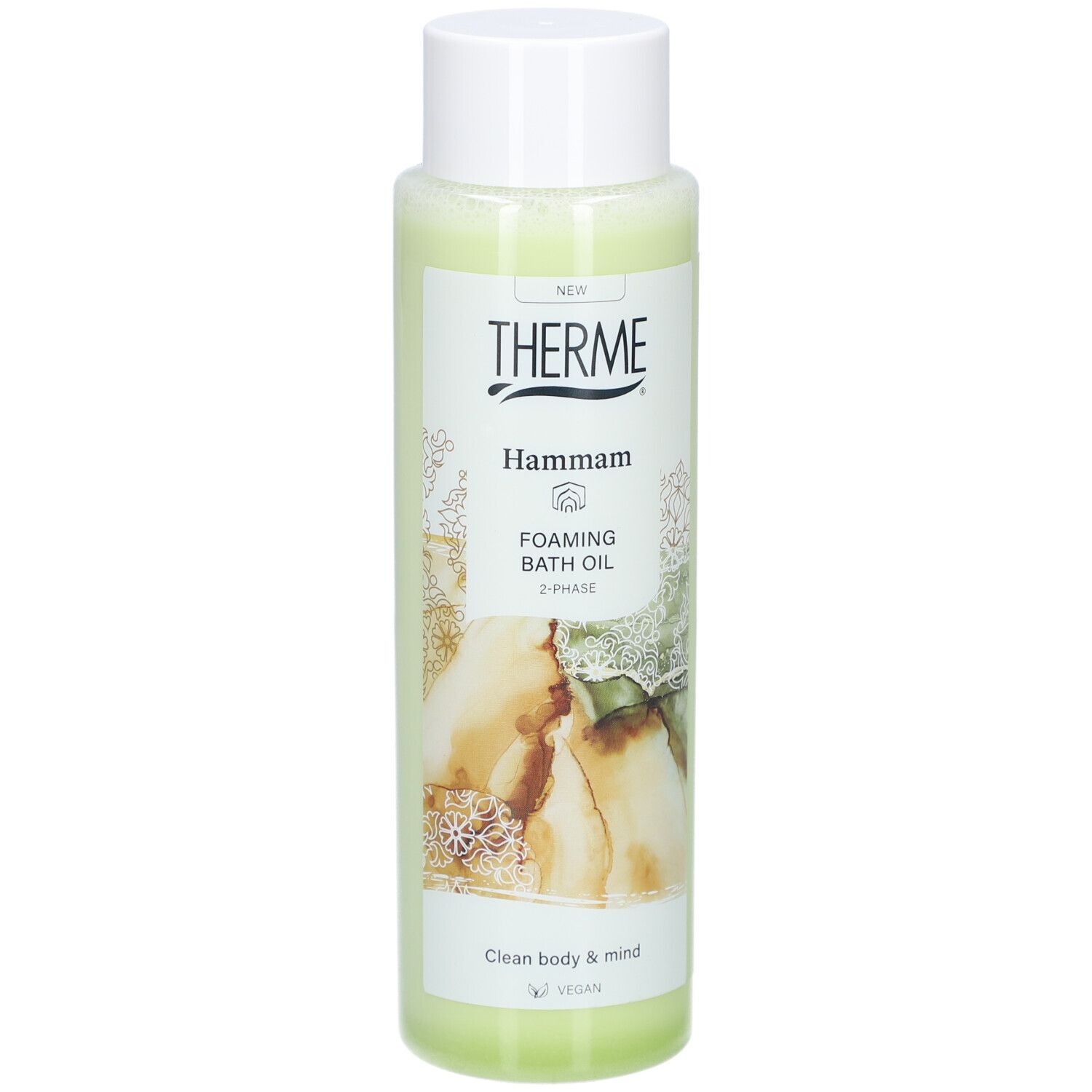 Therme Hammam Foaming Bath Oil. Flasche mit weißem Deckel. Grünliche Flüssigkeit. Aufschrift: Hammam, Foaming Bath Oil, 2-Phase.