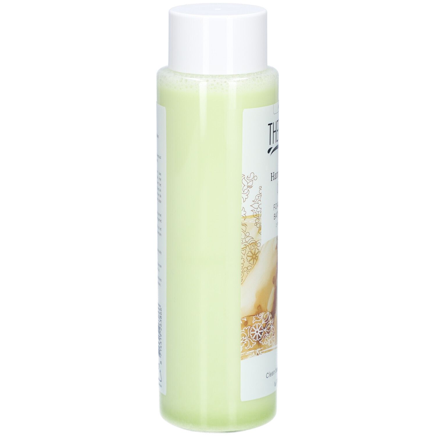 Therme Hammam Foaming Bath Oil. Flasche mit weißem Deckel. Grünliche Flüssigkeit. Seitenansicht.