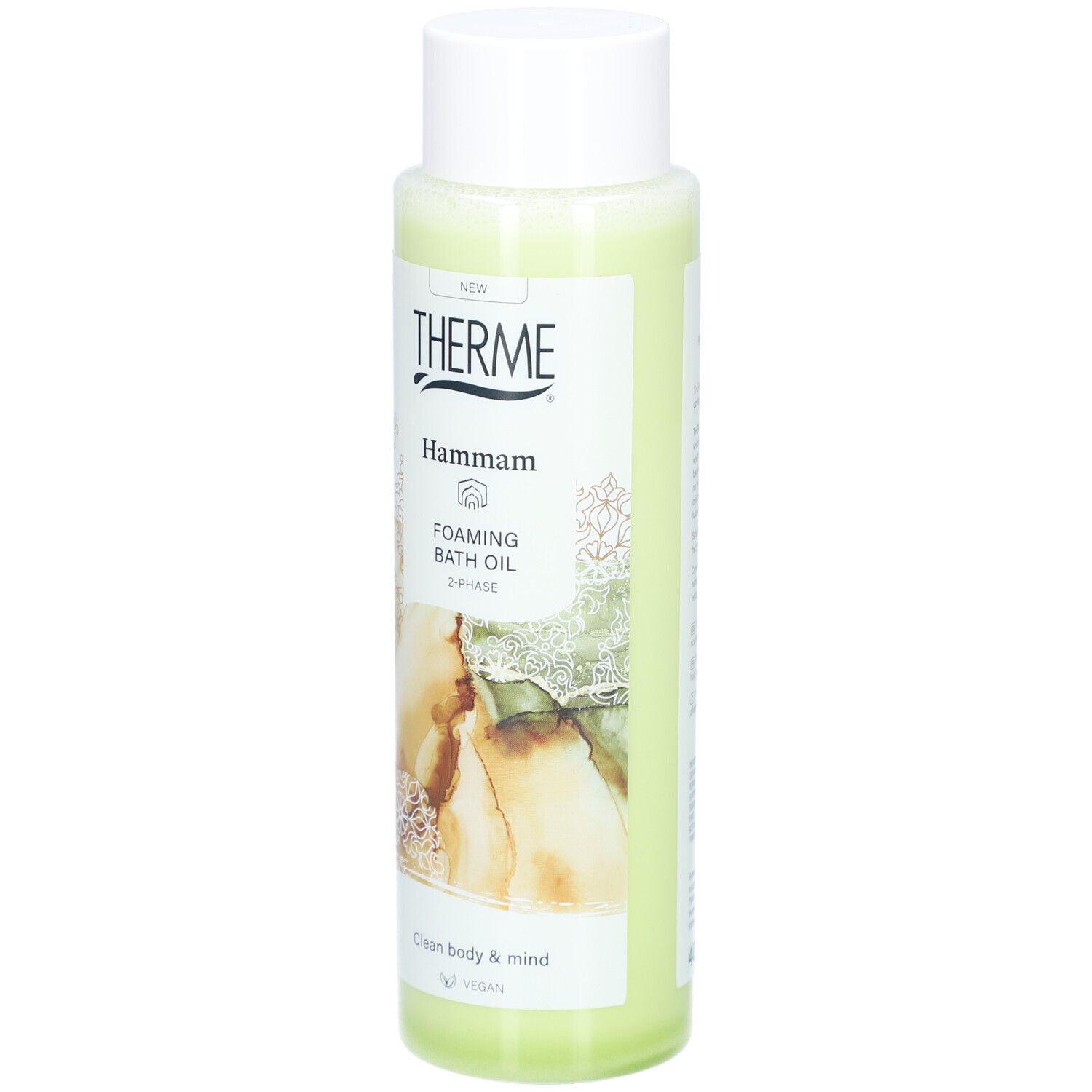 Therme Hammam Foaming Bath Oil. Flasche mit weißem Deckel. Grünliche Flüssigkeit. Aufschrift: Hammam, Foaming Bath Oil, 2-Phase.