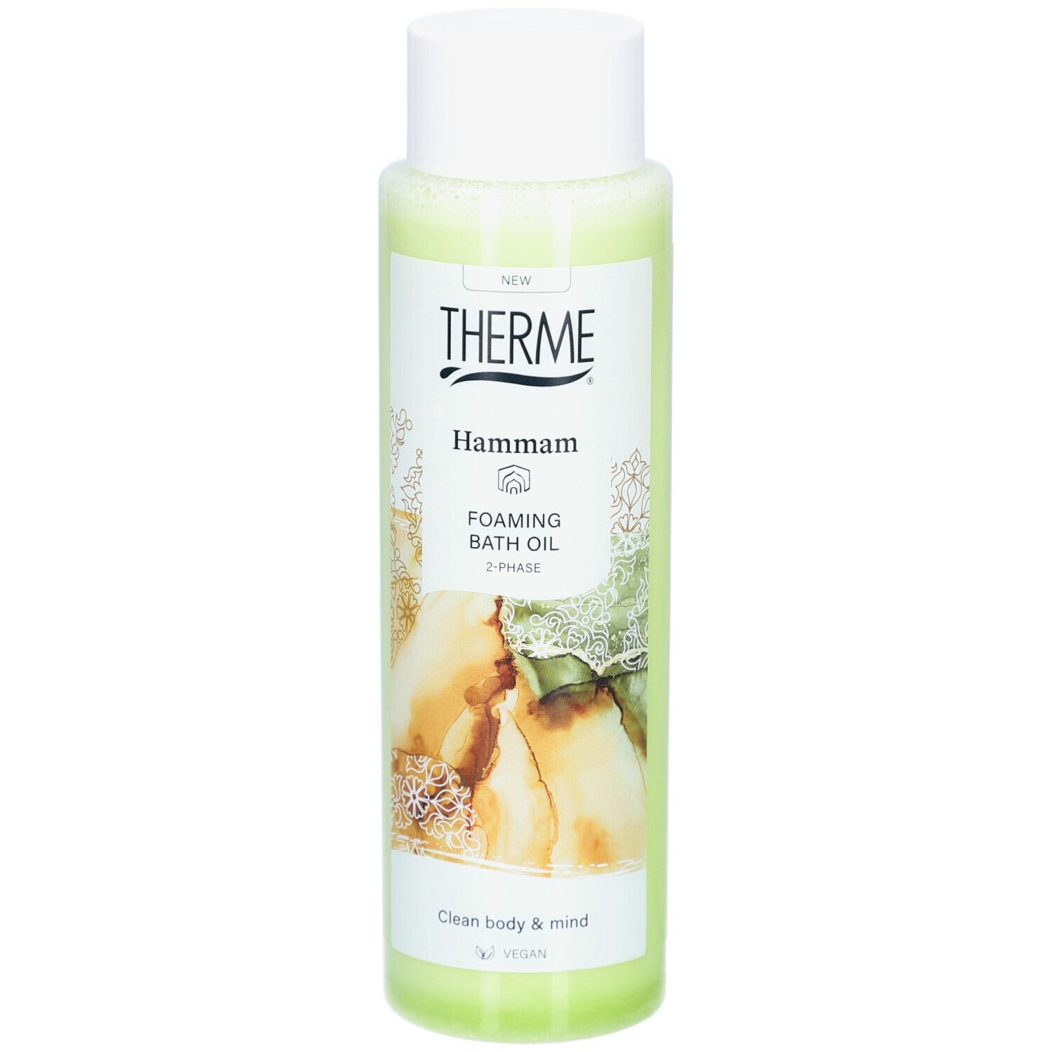 Therme Hammam Foaming Bath Oil. Flasche mit weißem Deckel. Grünliche Flüssigkeit. Aufschrift: Hammam, Foaming Bath Oil, 2-Phase.
