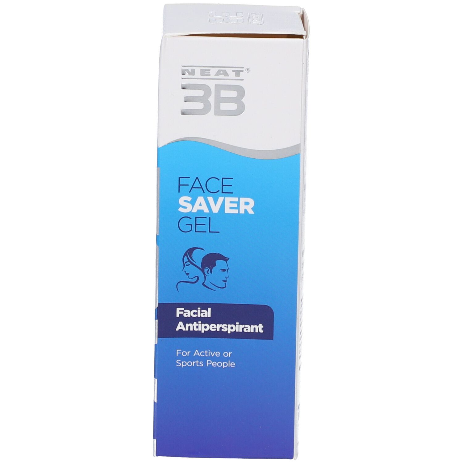 Schachtel mit Aufschrift FACE SAVER GEL, Facial Antiperspirant. Blaue und weiße Farbgebung. Enthält Produktinformationen.