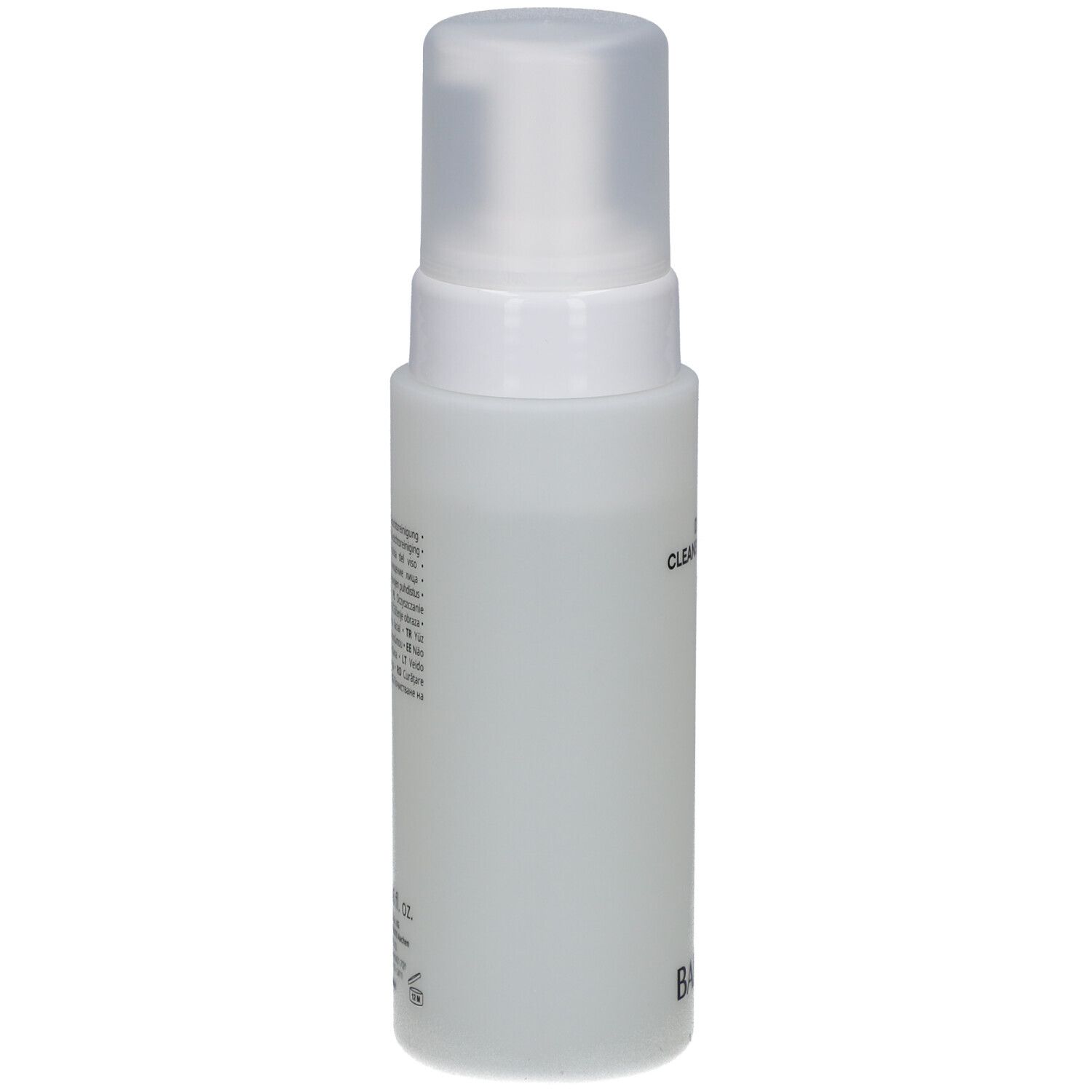 Weiße Flasche mit Pumpverschluss. Rückseite mit Text. Marke: BABOR.