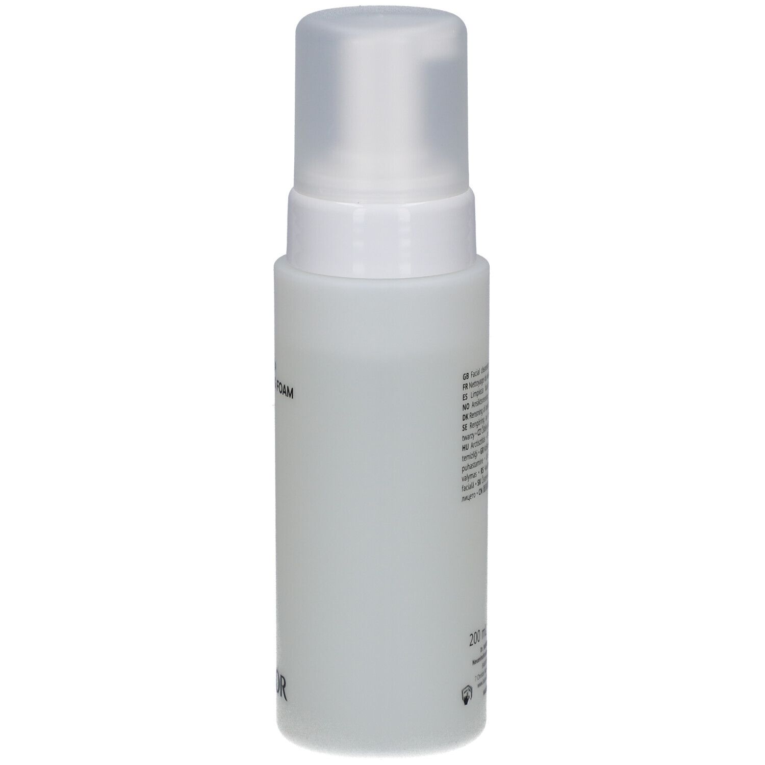 Weiße Flasche mit Pumpverschluss. Rückseite mit Text. Marke: BABOR.